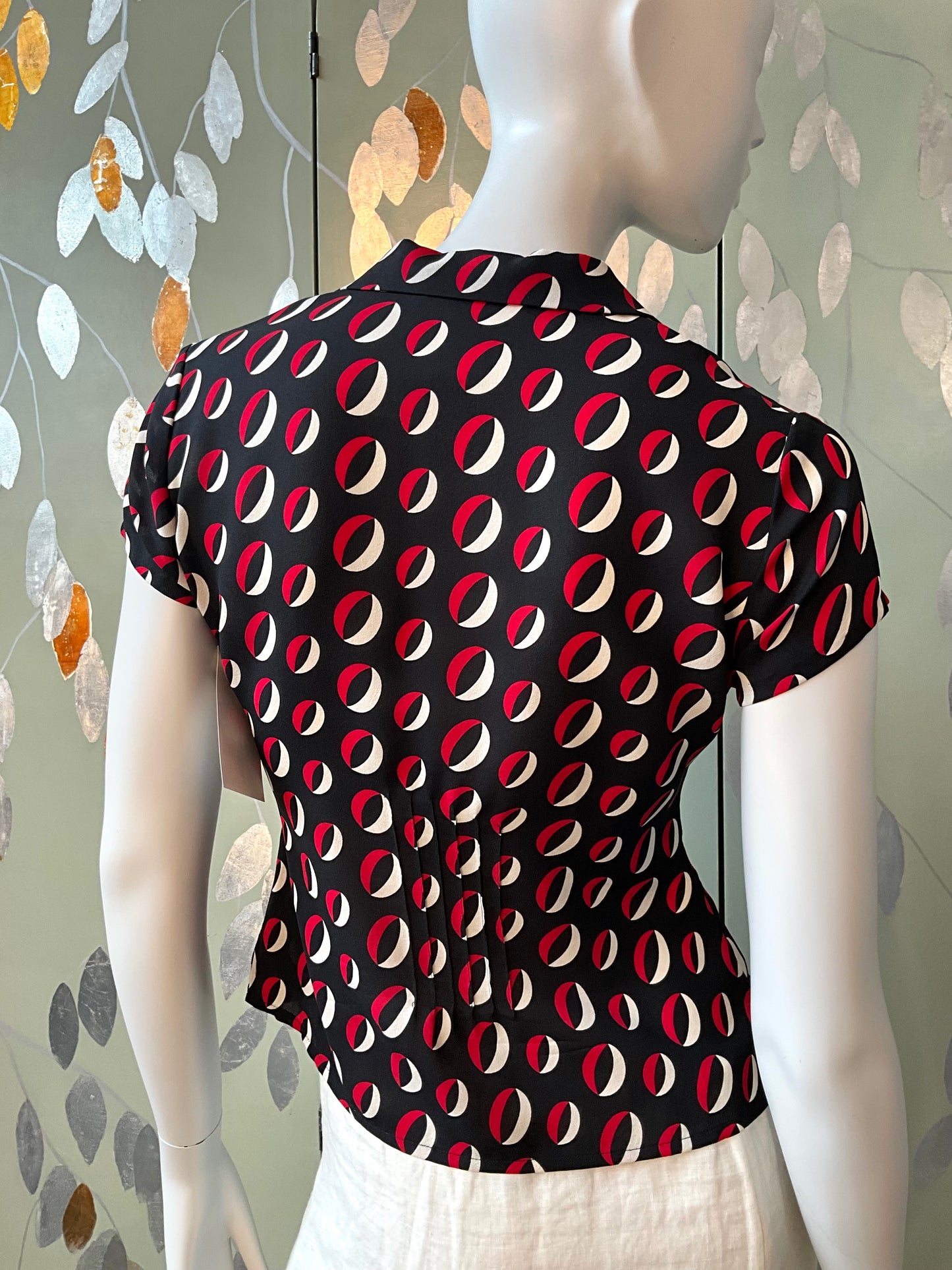 Vintage 2000s Anne Klein Black and Red Geometric Print Silk Blouse, XS