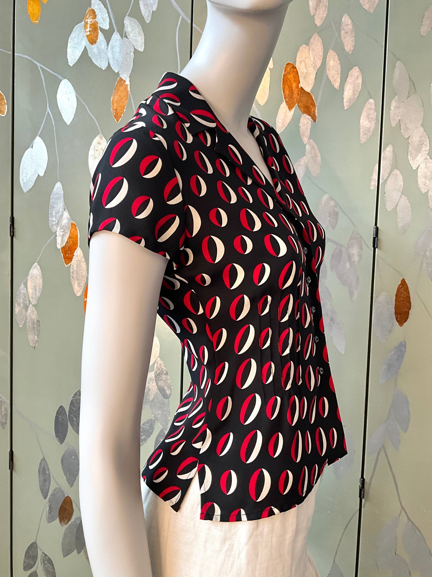 Vintage 2000s Anne Klein Black and Red Geometric Print Silk Blouse, XS