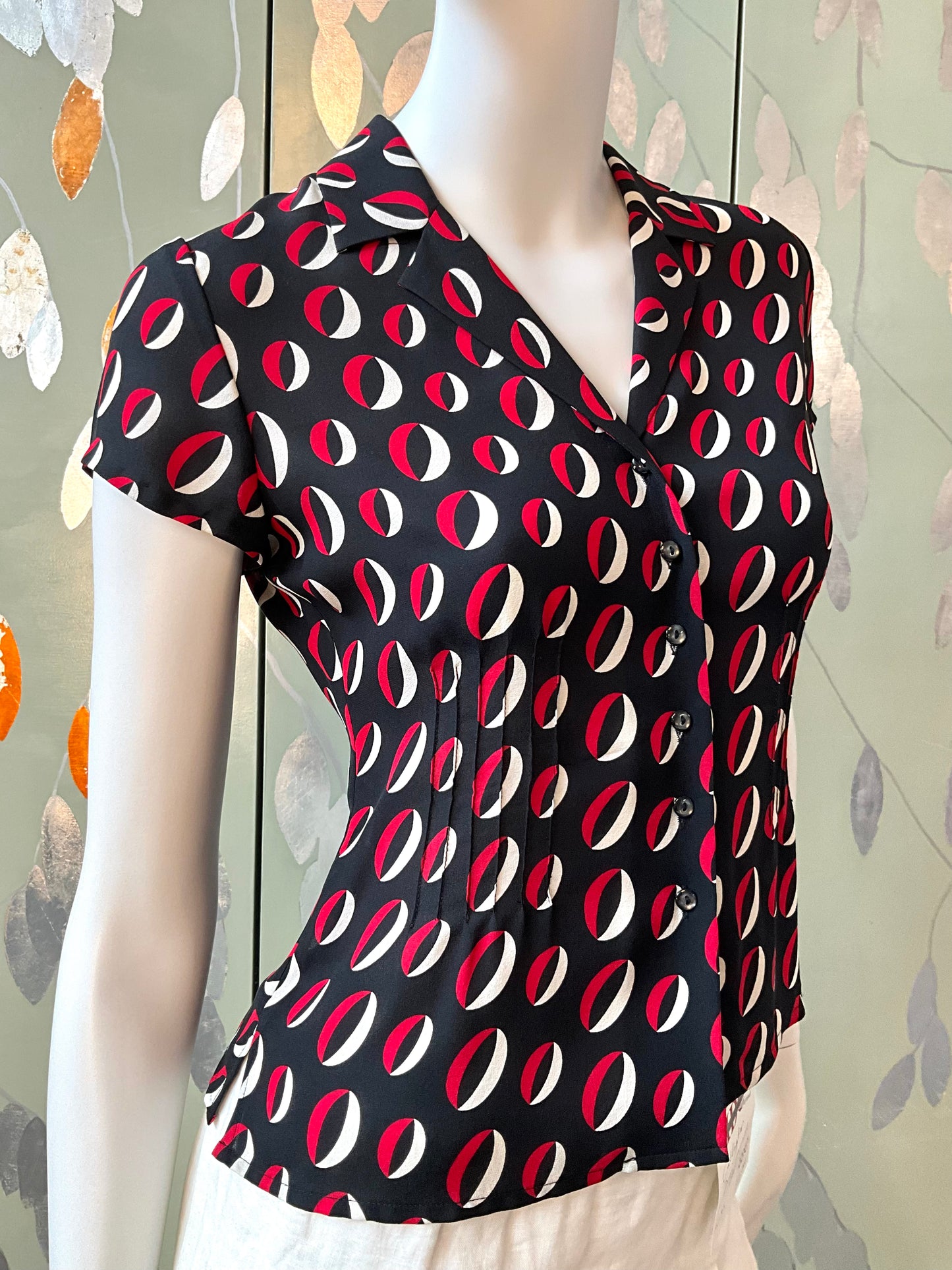 Vintage 2000s Anne Klein Black and Red Geometric Print Silk Blouse, XS