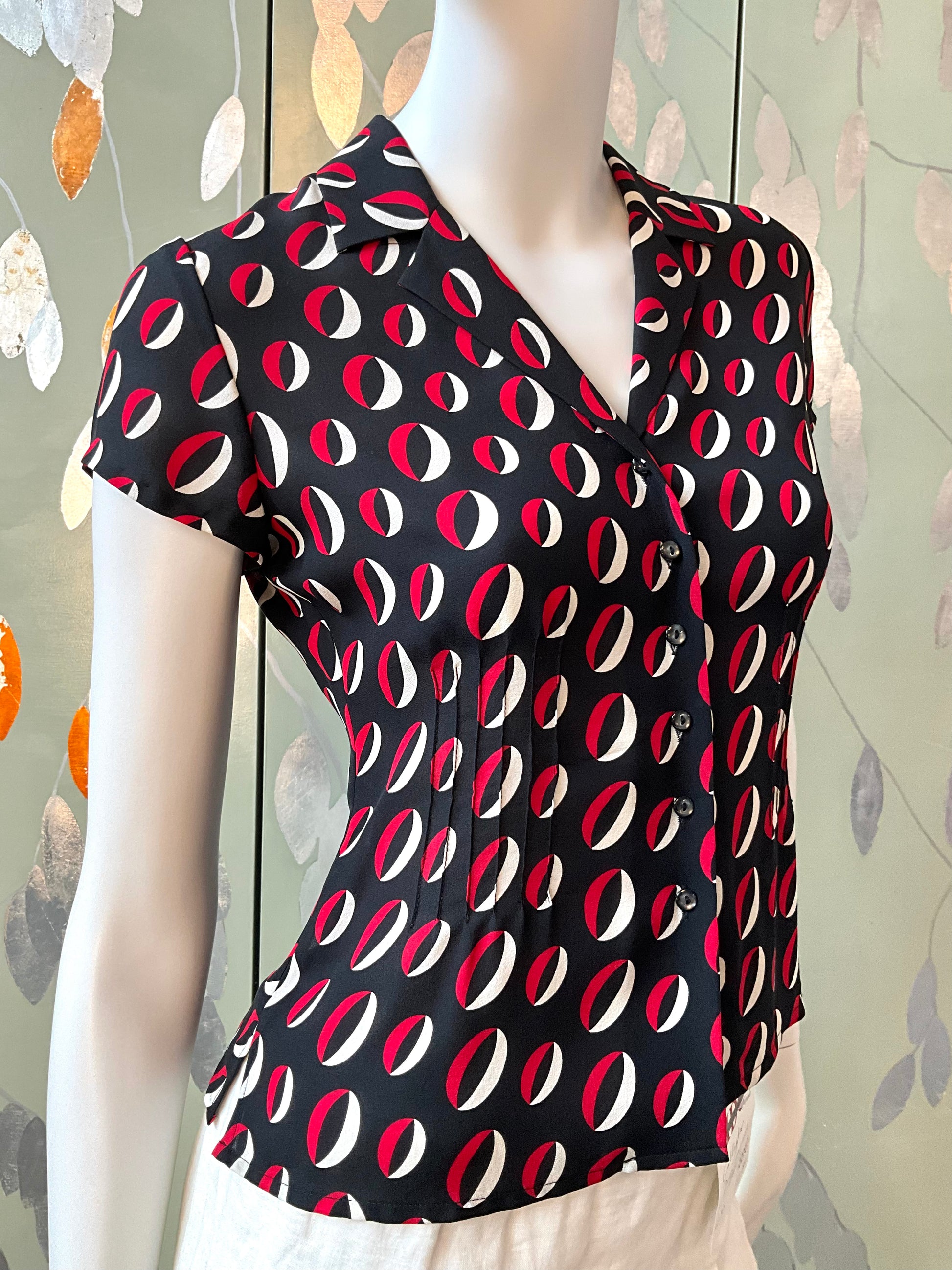 Vintage 2000s Anne Klein Black and Red Geometric Print Silk Blouse, XS