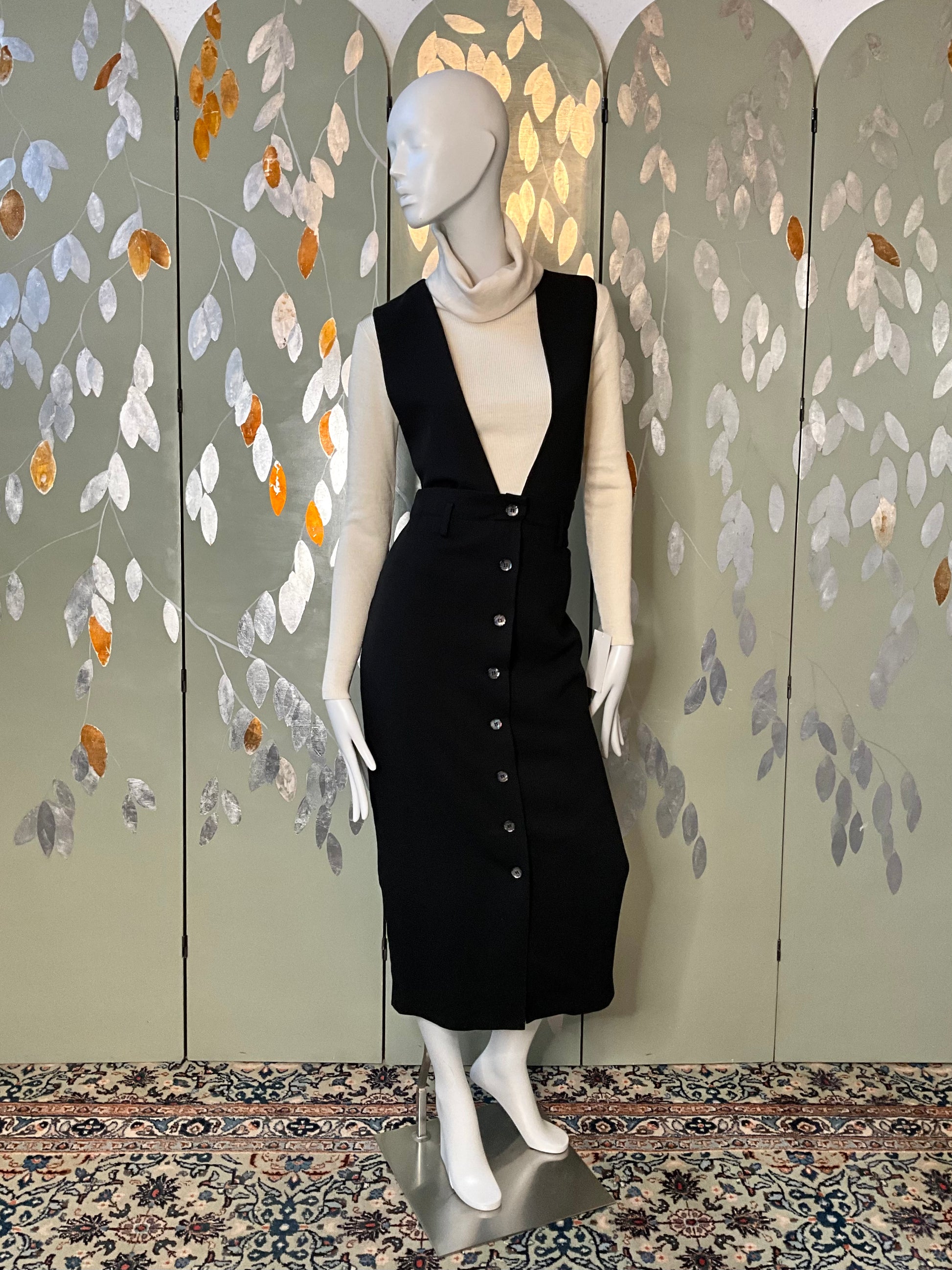 Vintage 1980s Black Sleeveless Button Up Maxi Jumper Dress