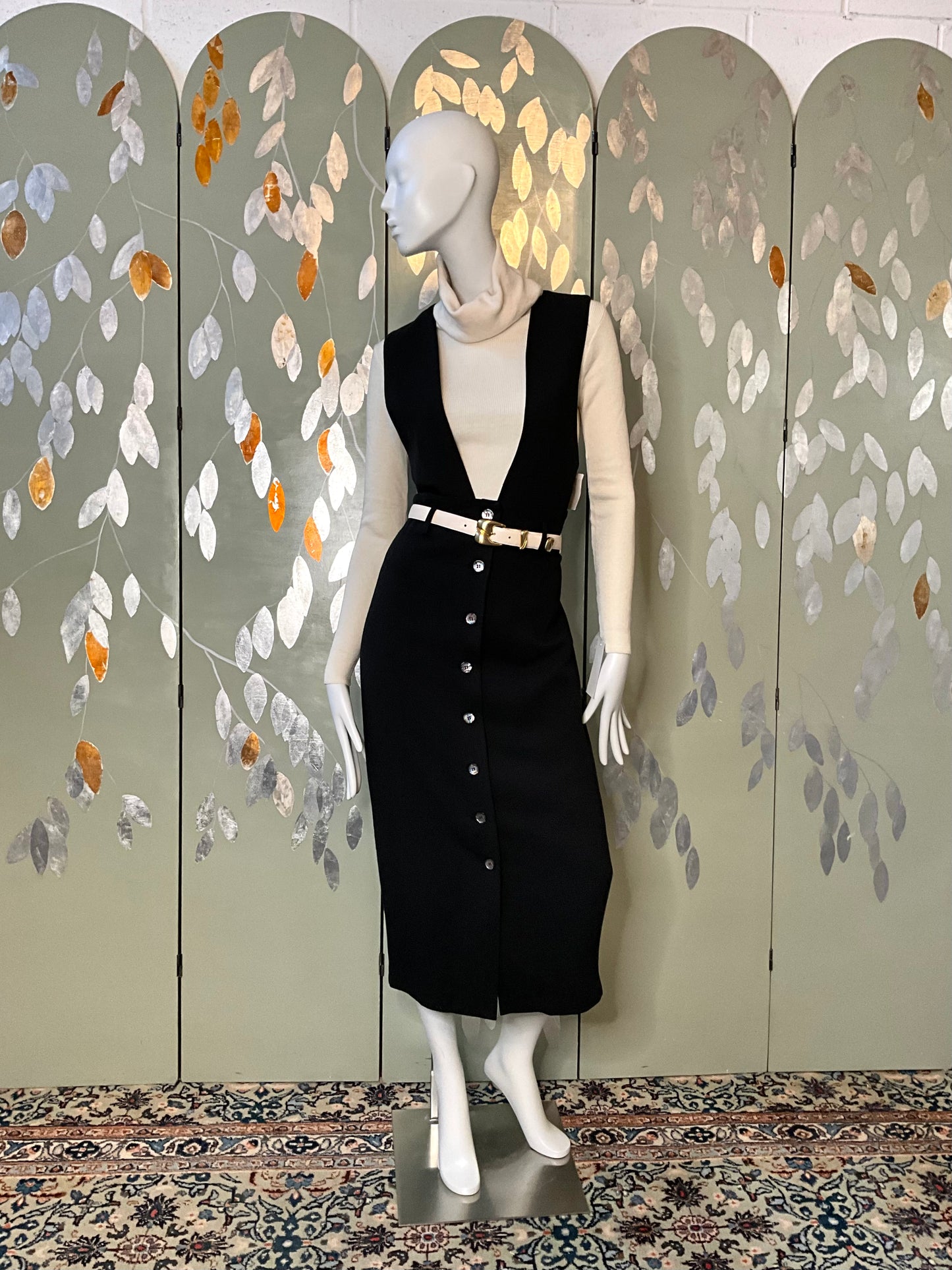 Vintage 1980s Black Sleeveless Button Up Maxi Jumper Dress