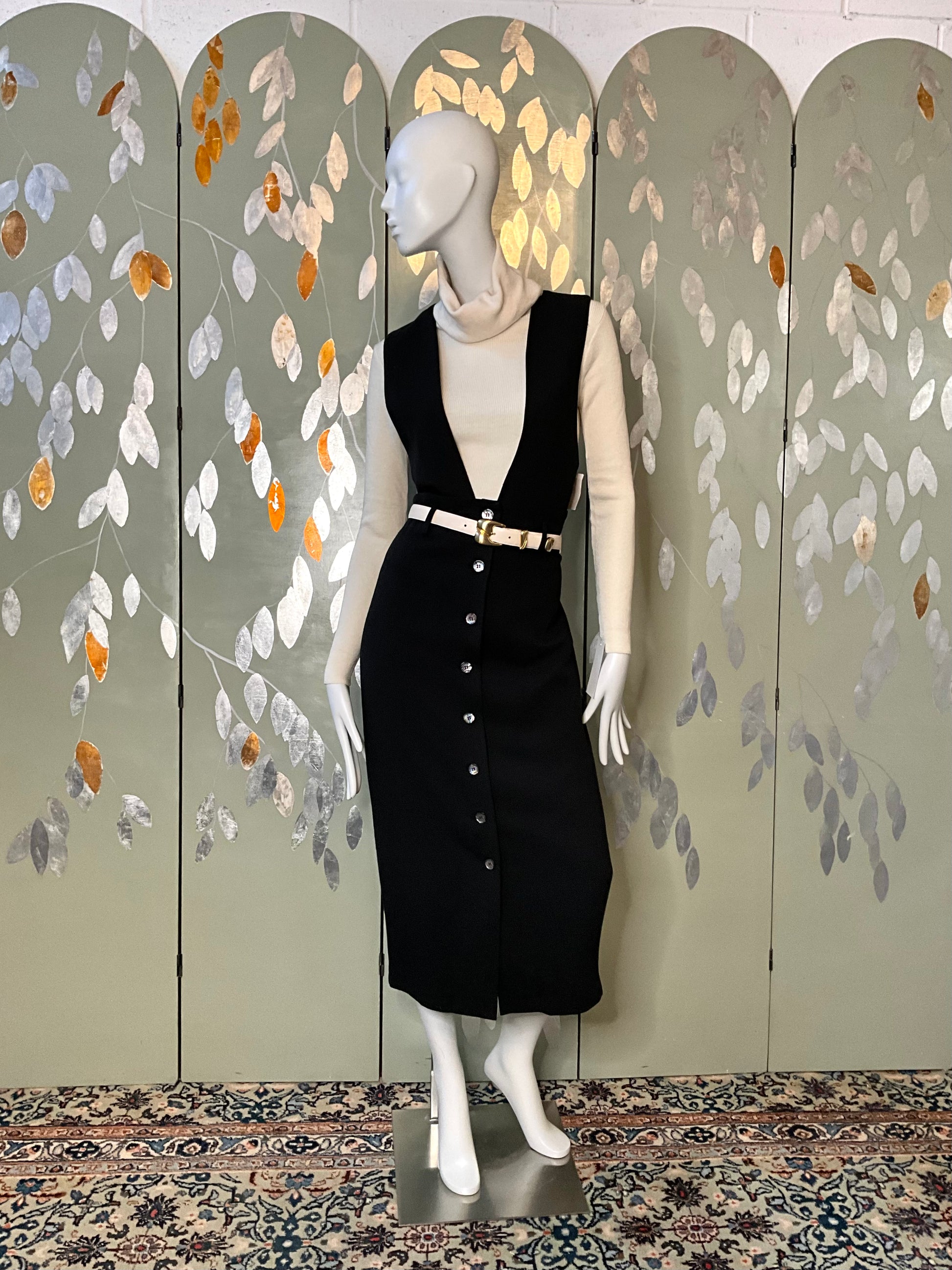 Vintage 1980s Black Sleeveless Button Up Maxi Jumper Dress