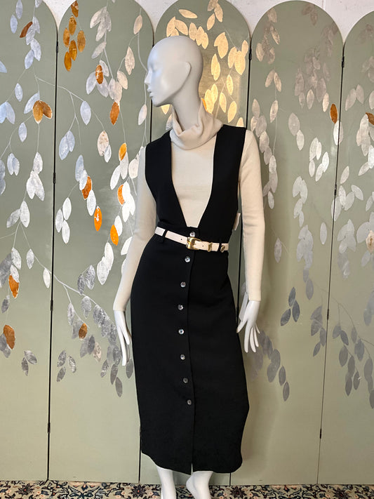 Vintage 1980s Black Sleeveless Button Up Maxi Jumper Dress