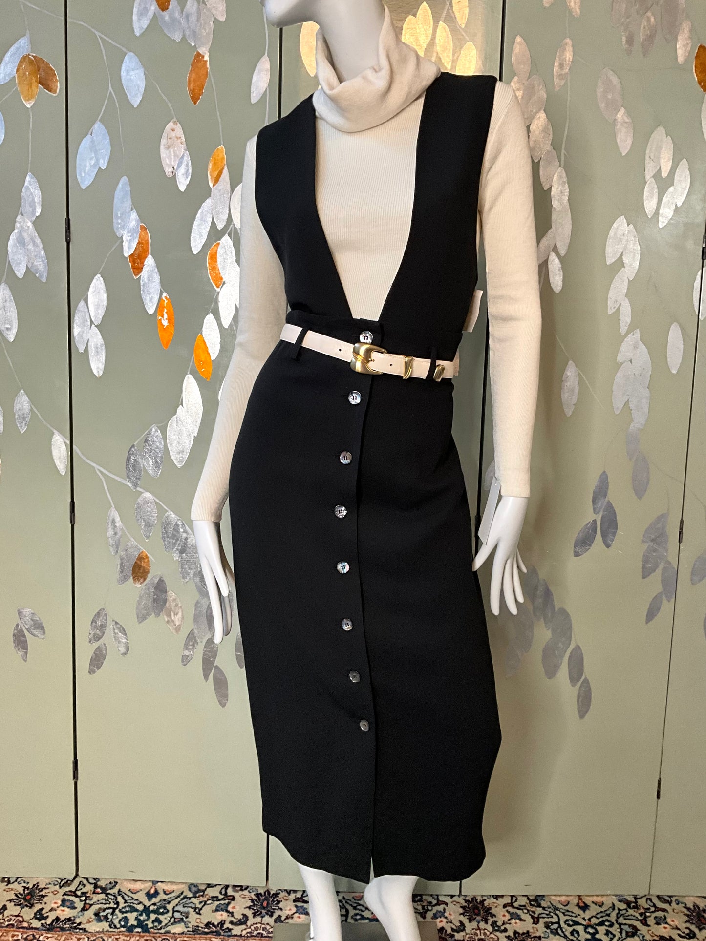 Vintage 1980s Black Sleeveless Button Up Maxi Jumper Dress