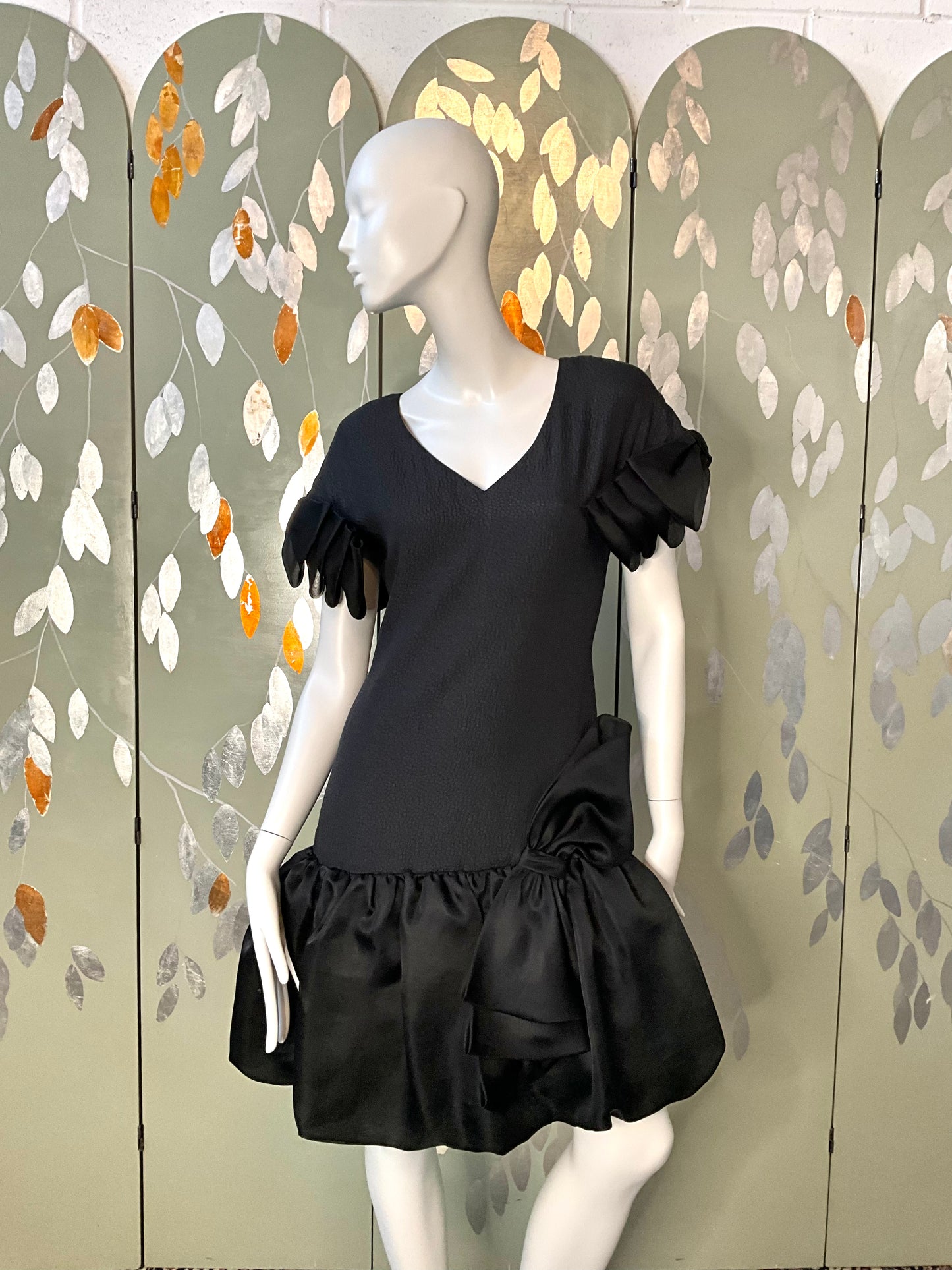 Vintage 1980s Black Drop-Waist Bubble Dress with Large Bows, Medium 