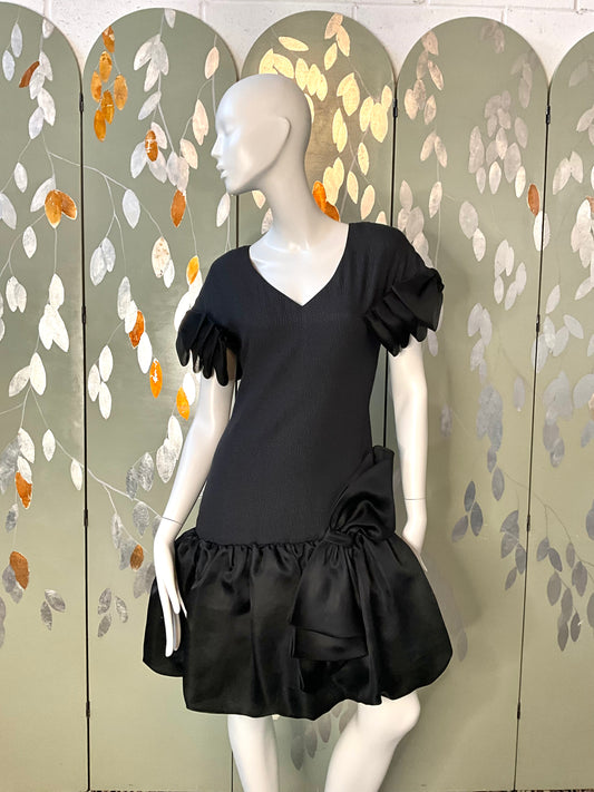 Vintage 1980s Black Drop-Waist Bubble Dress with Large Bows, Medium 
