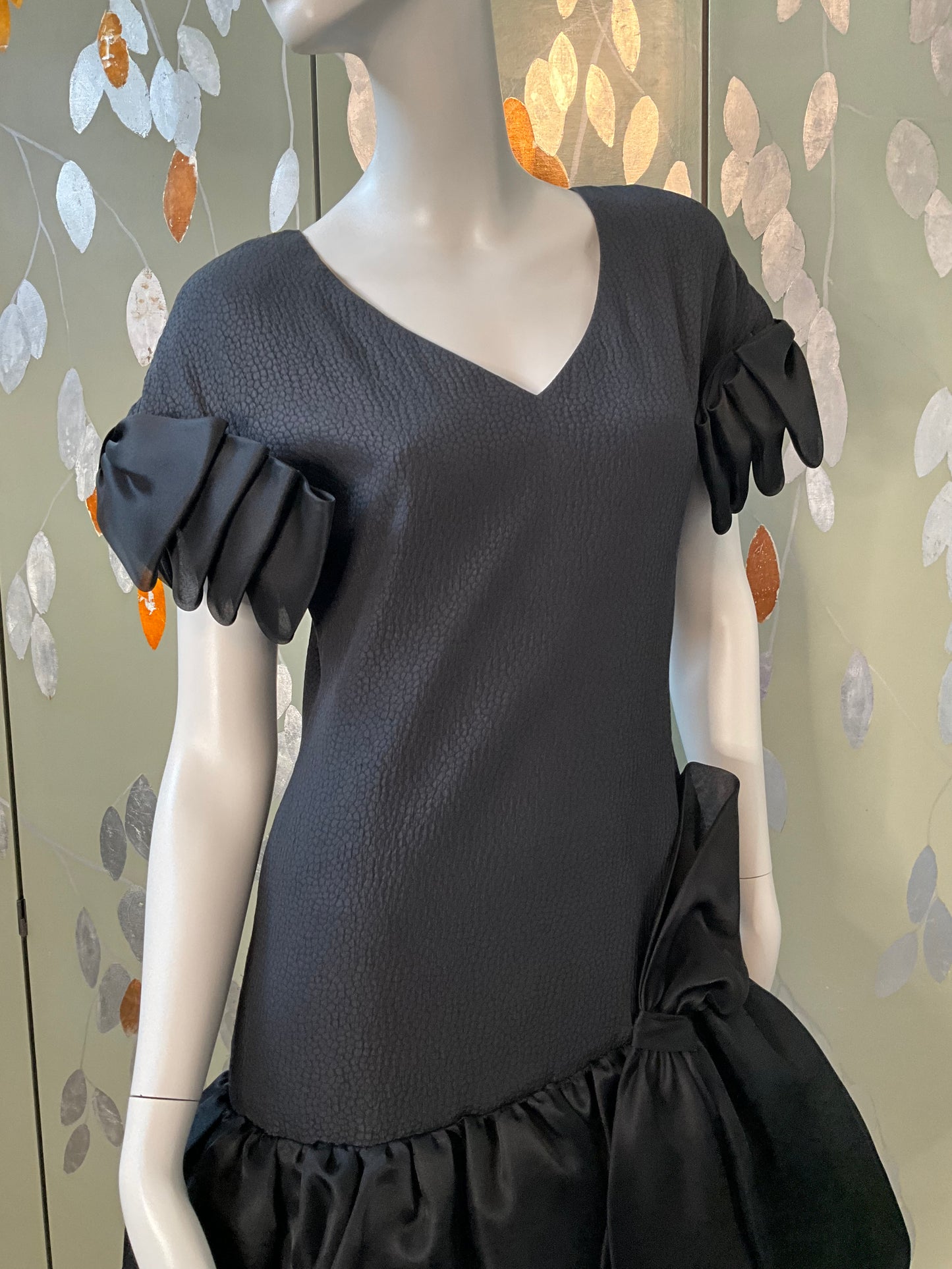 Vintage 1980s Black Drop-Waist Bubble Dress with Large Bows, Medium 