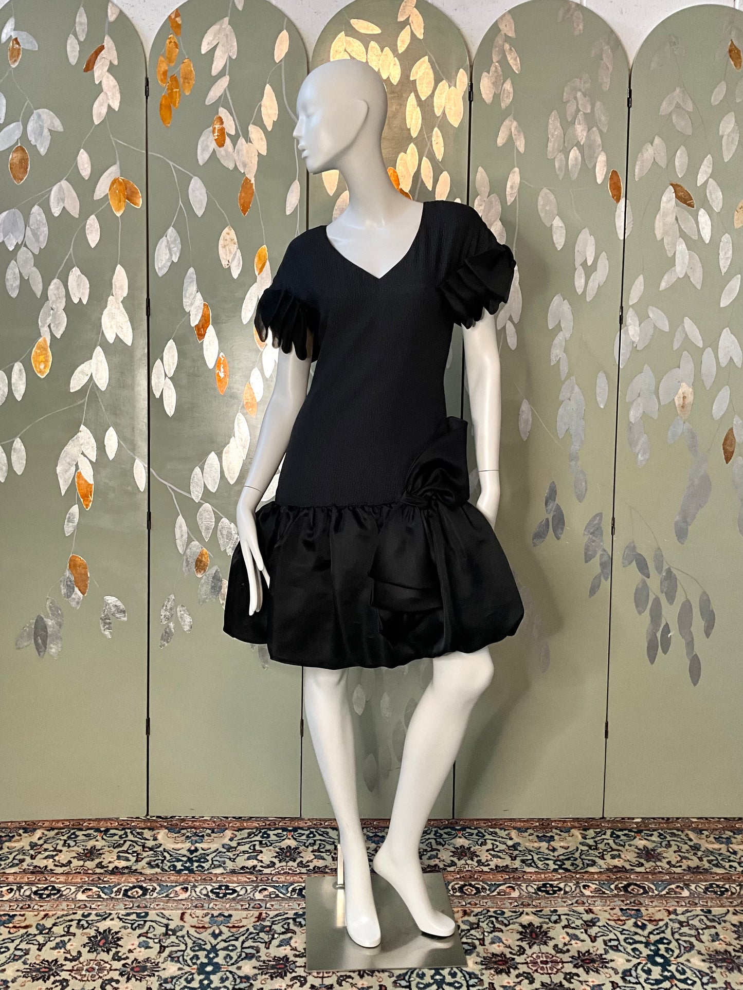 Vintage 1980s Black Drop-Waist Bubble Dress with Large Bows, Medium 