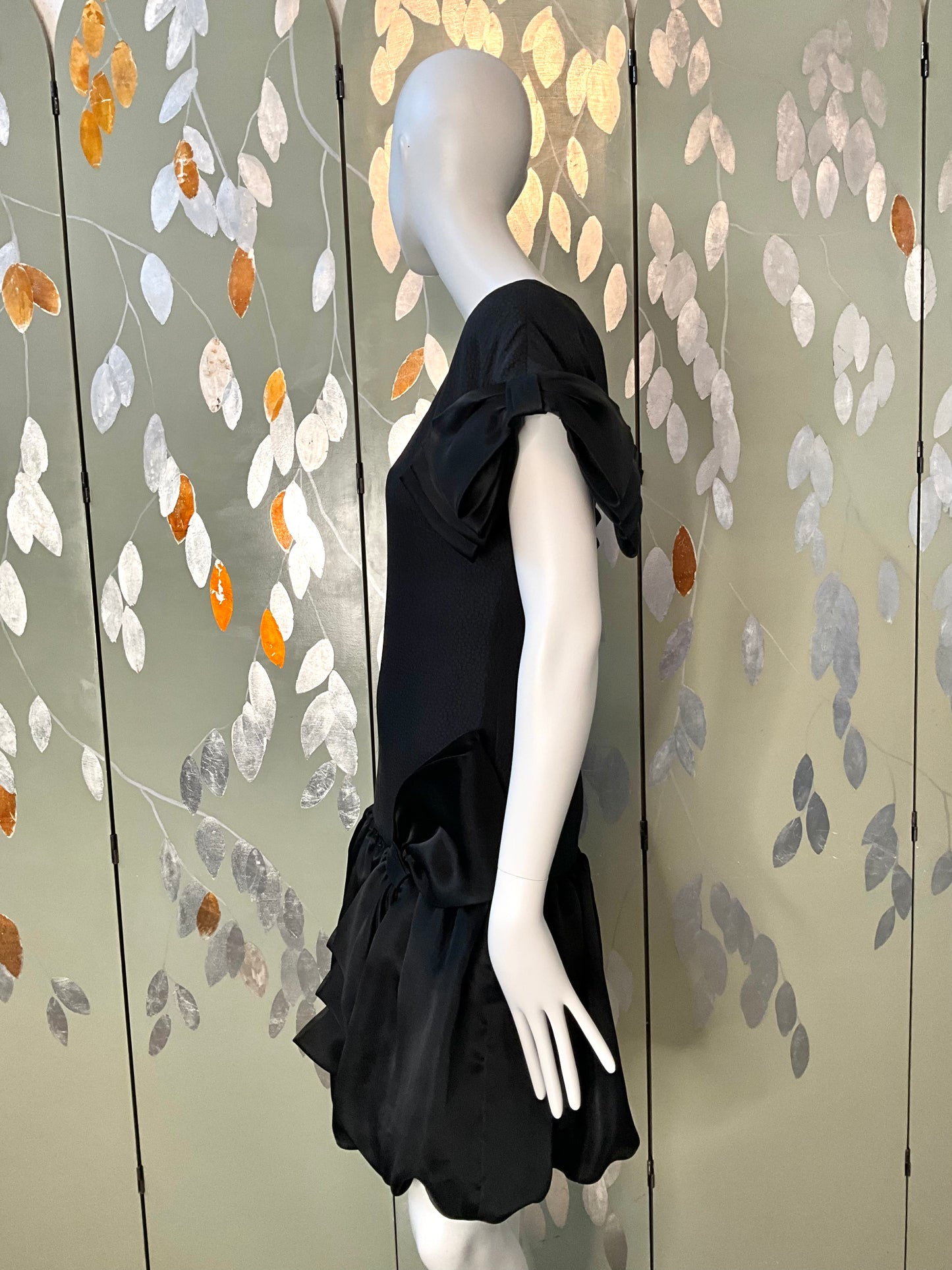 Vintage 1980s Black Drop-Waist Bubble Dress with Large Bows, Medium 