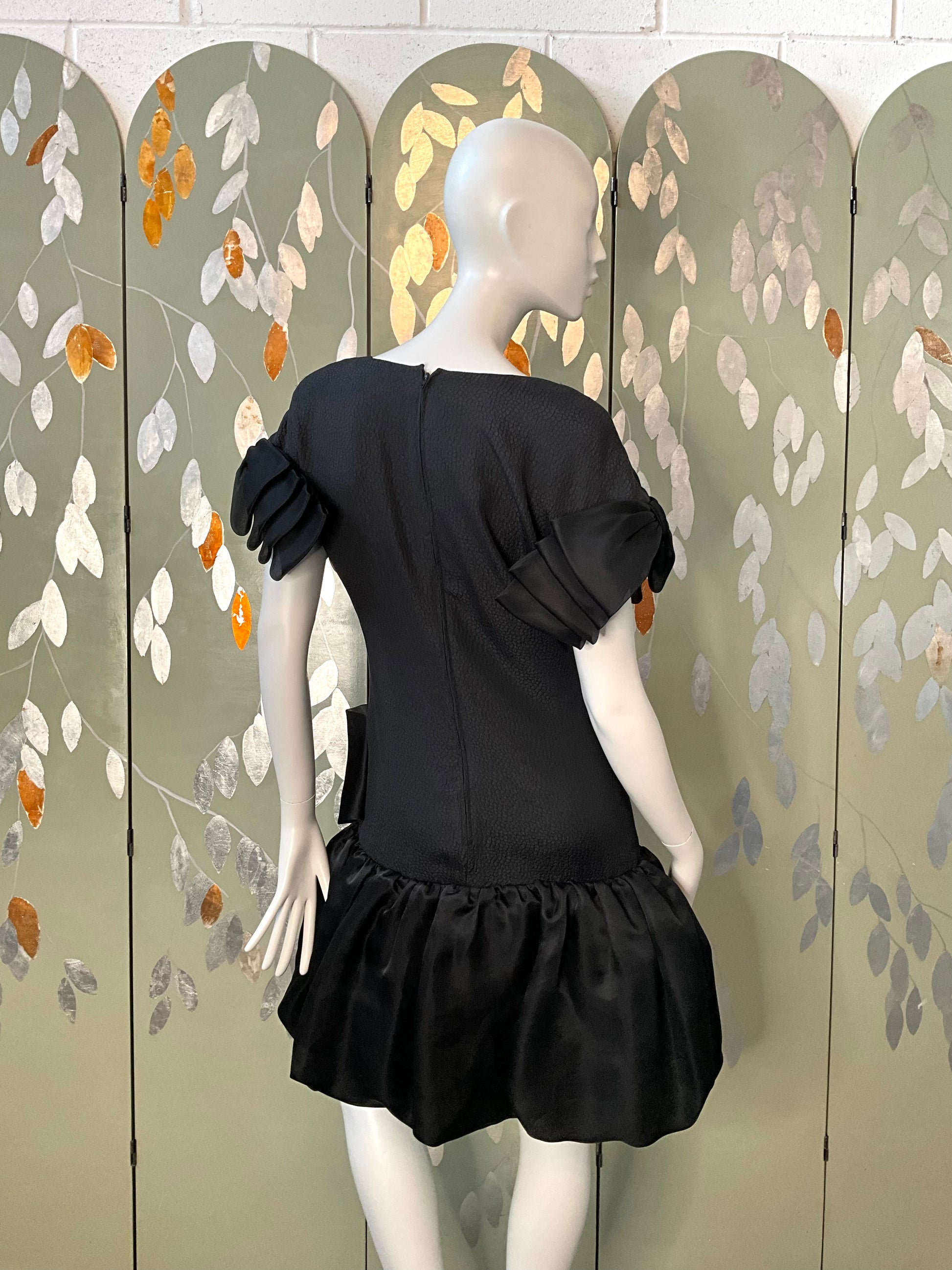 Vintage 1980s Black Drop-Waist Bubble Dress with Large Bows, Medium 