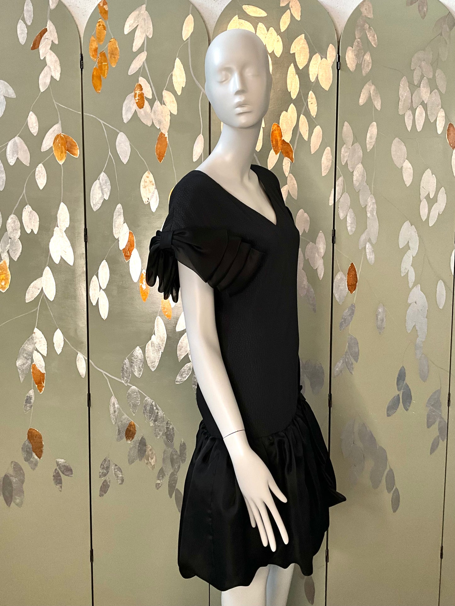 Vintage 1980s Black Drop-Waist Bubble Dress with Large Bows, Medium 