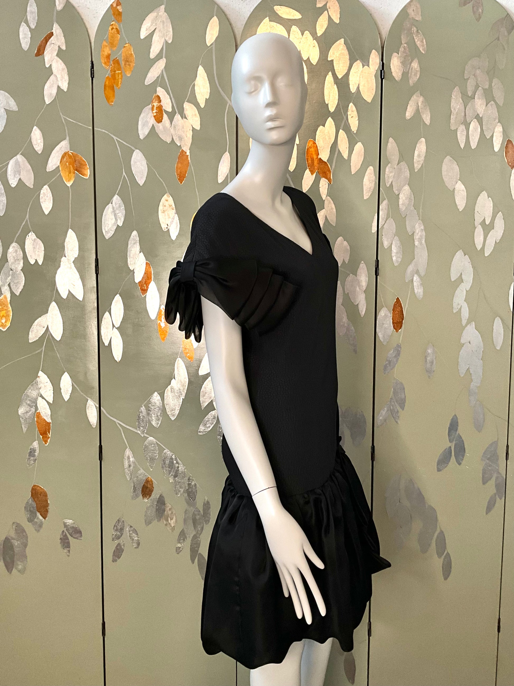 Vintage 1980s Black Drop-Waist Bubble Dress with Large Bows, Medium 