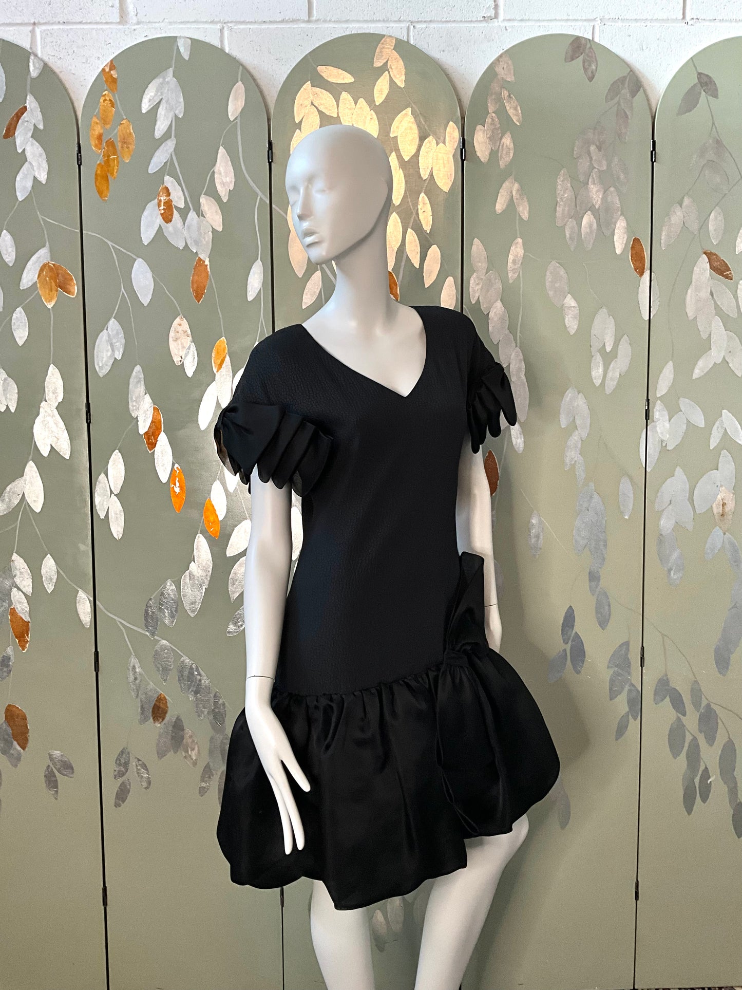 Vintage 1980s Black Drop-Waist Bubble Dress with Large Bows, Medium 