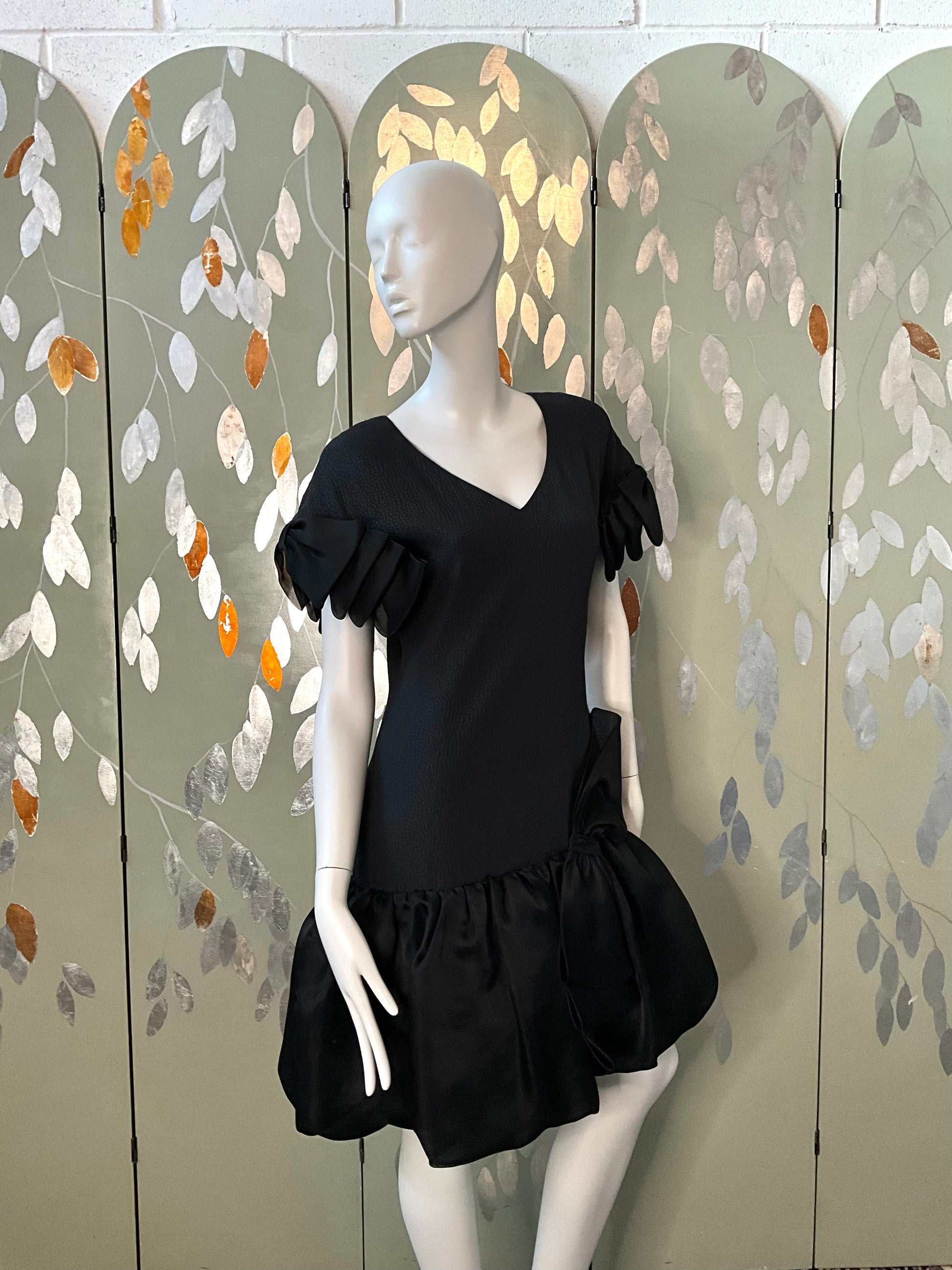 Vintage 1980s Black Drop-Waist Bubble Dress with Large Bows, Medium 