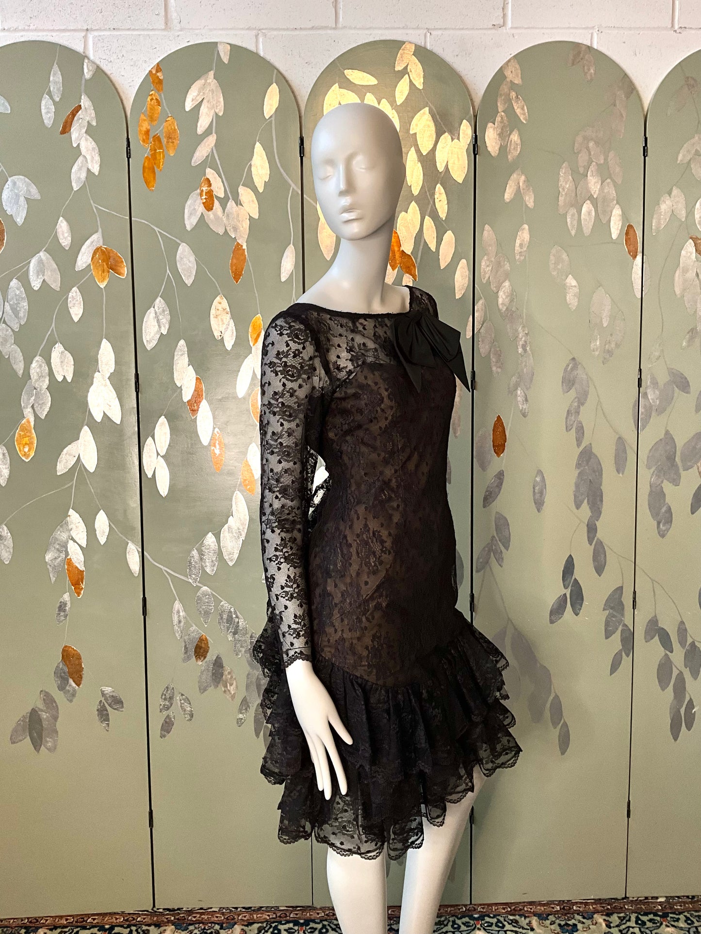 Vintage 1980s Victor Costa Black Lace Ruffle Dress, Small