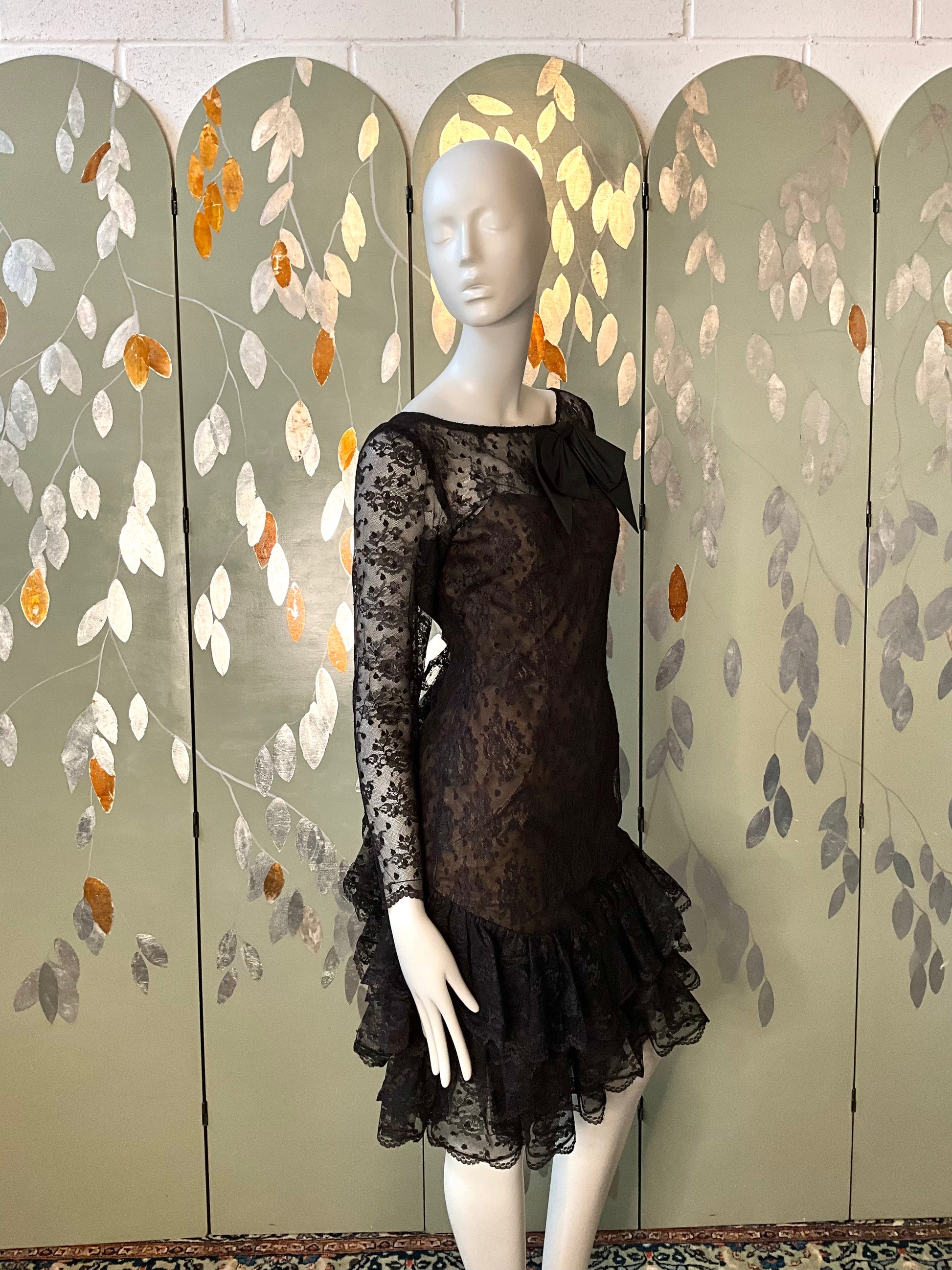 Vintage 1980s Victor Costa Black Lace Ruffle Dress, Small