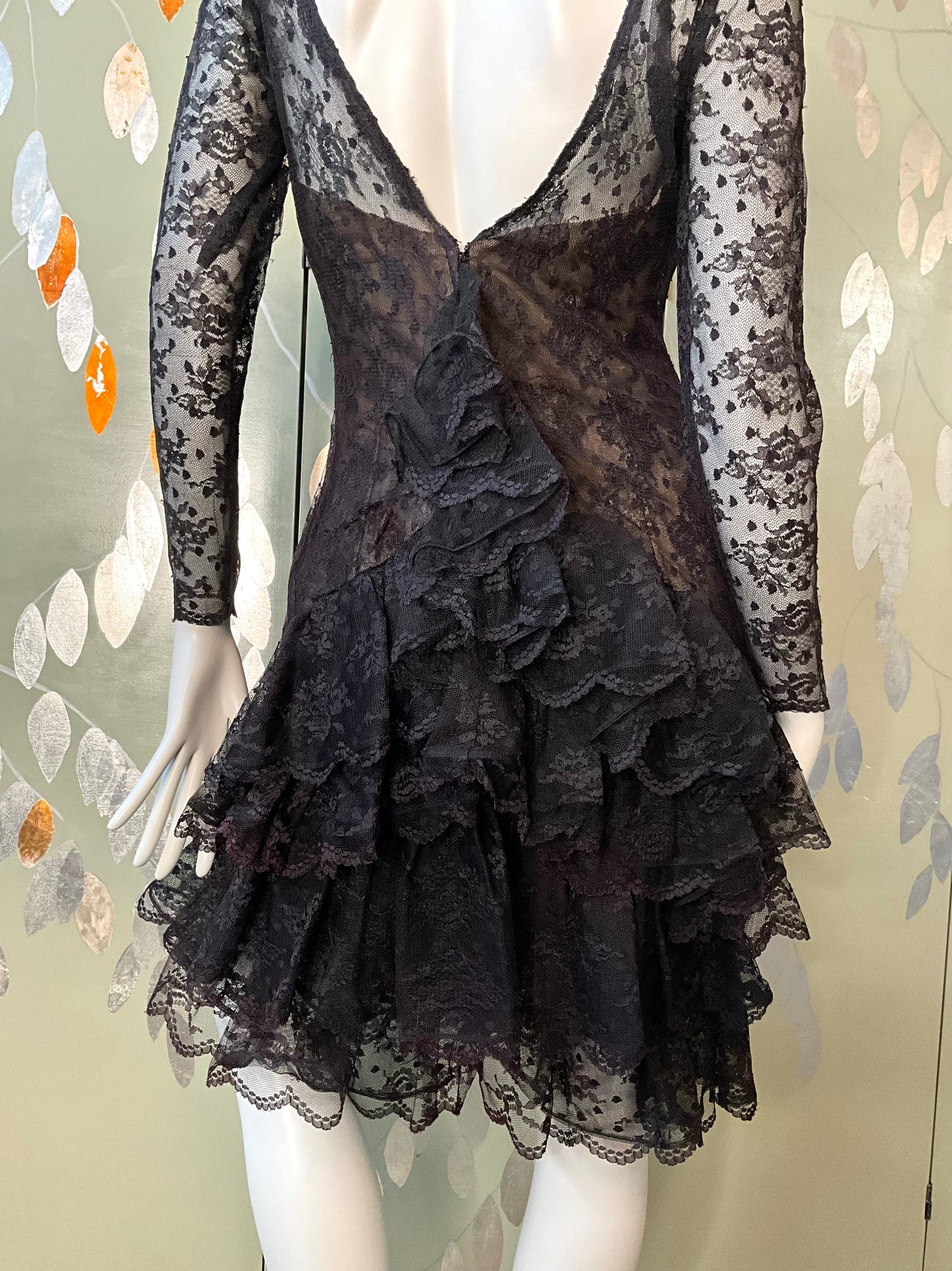 Vintage 1980s Victor Costa Black Lace Ruffle Dress, Small