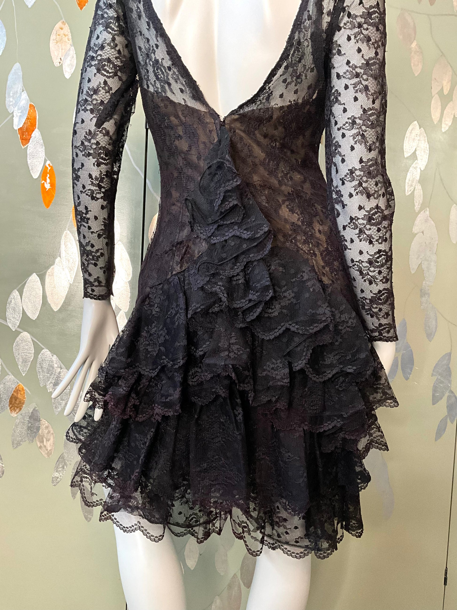 Vintage 1980s Victor Costa Black Lace Ruffle Dress, Small