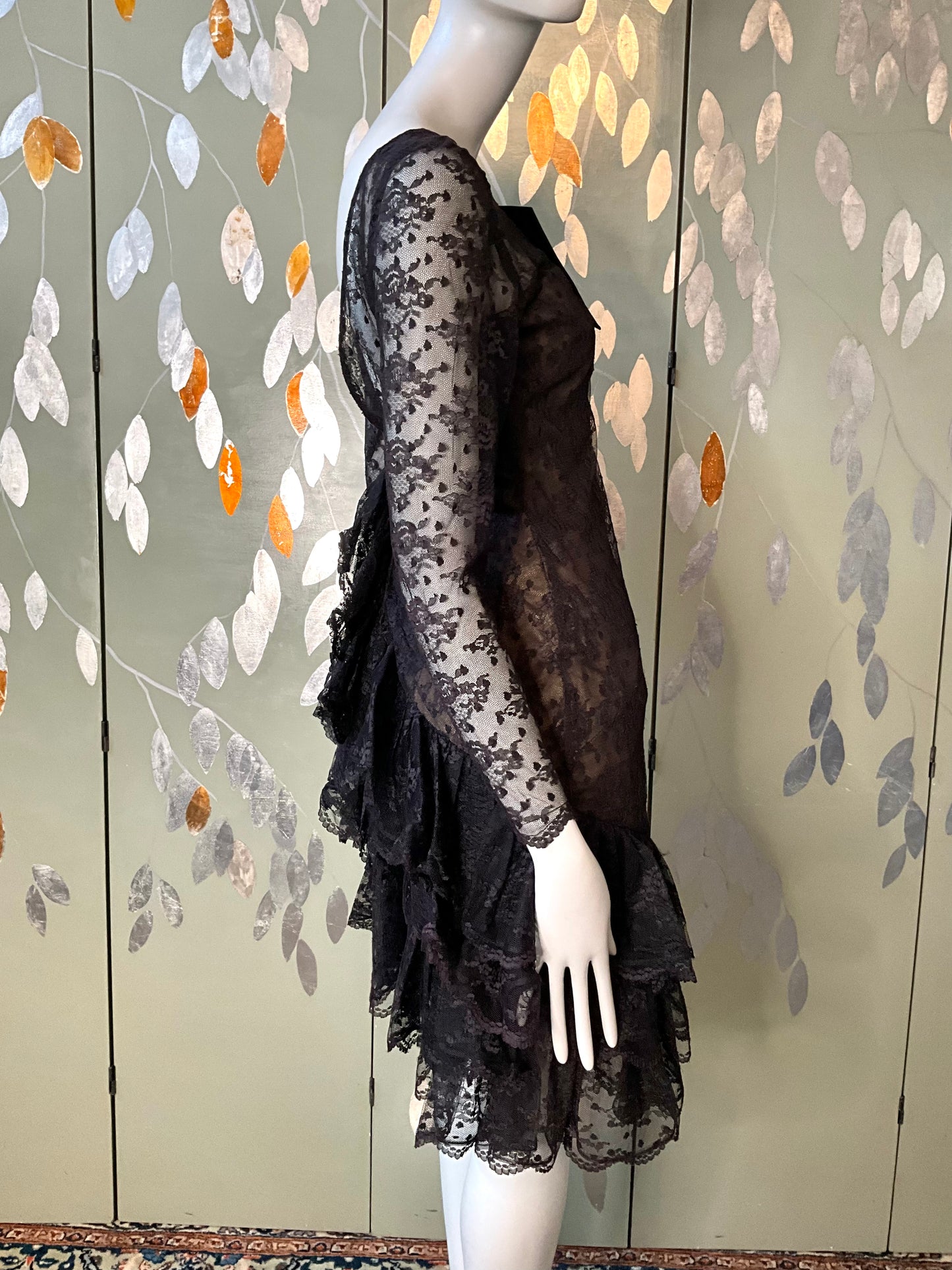 Vintage 1980s Victor Costa Black Lace Ruffle Dress, Small