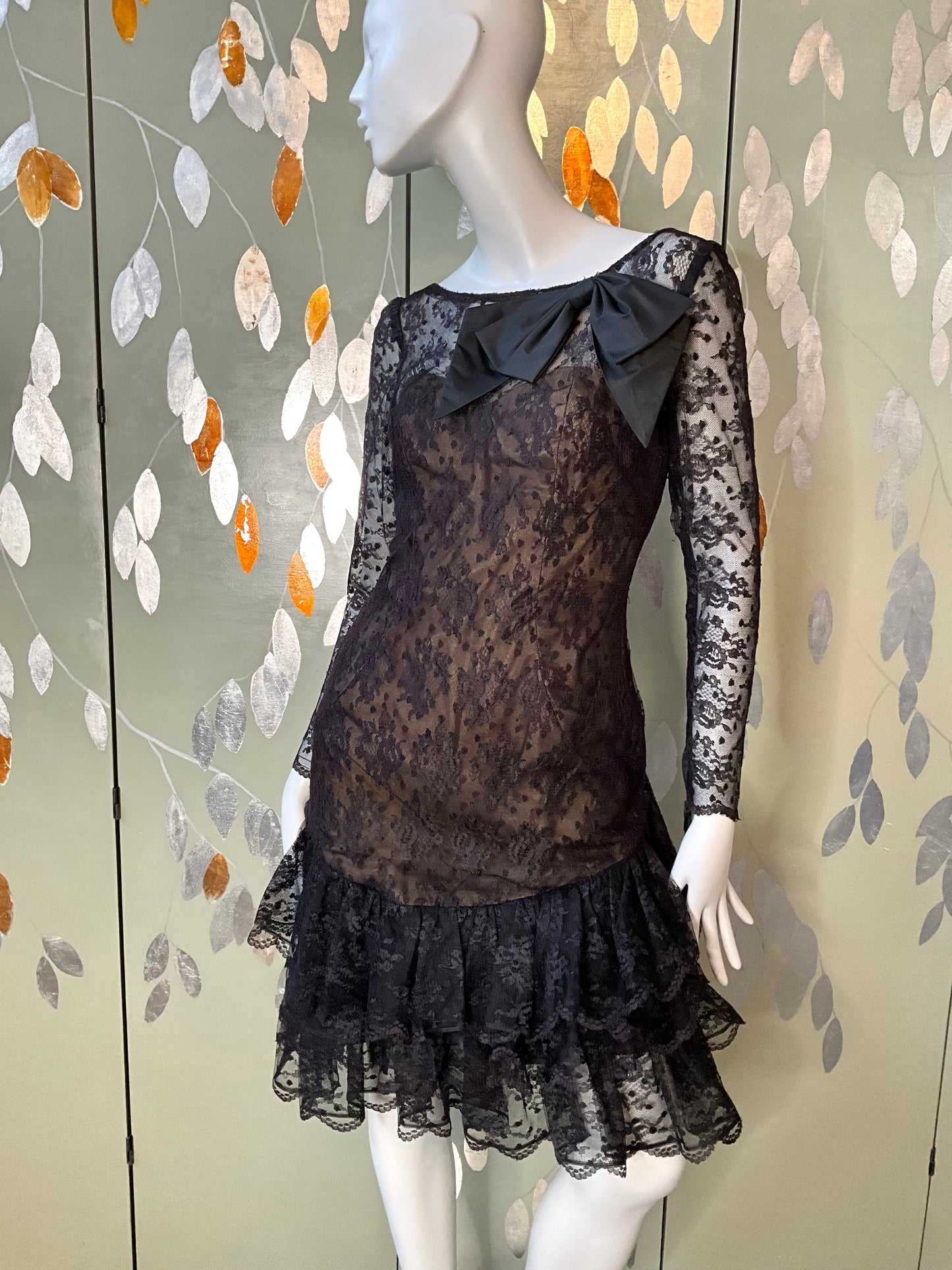 Vintage 1980s Victor Costa Black Lace Ruffle Dress, Small