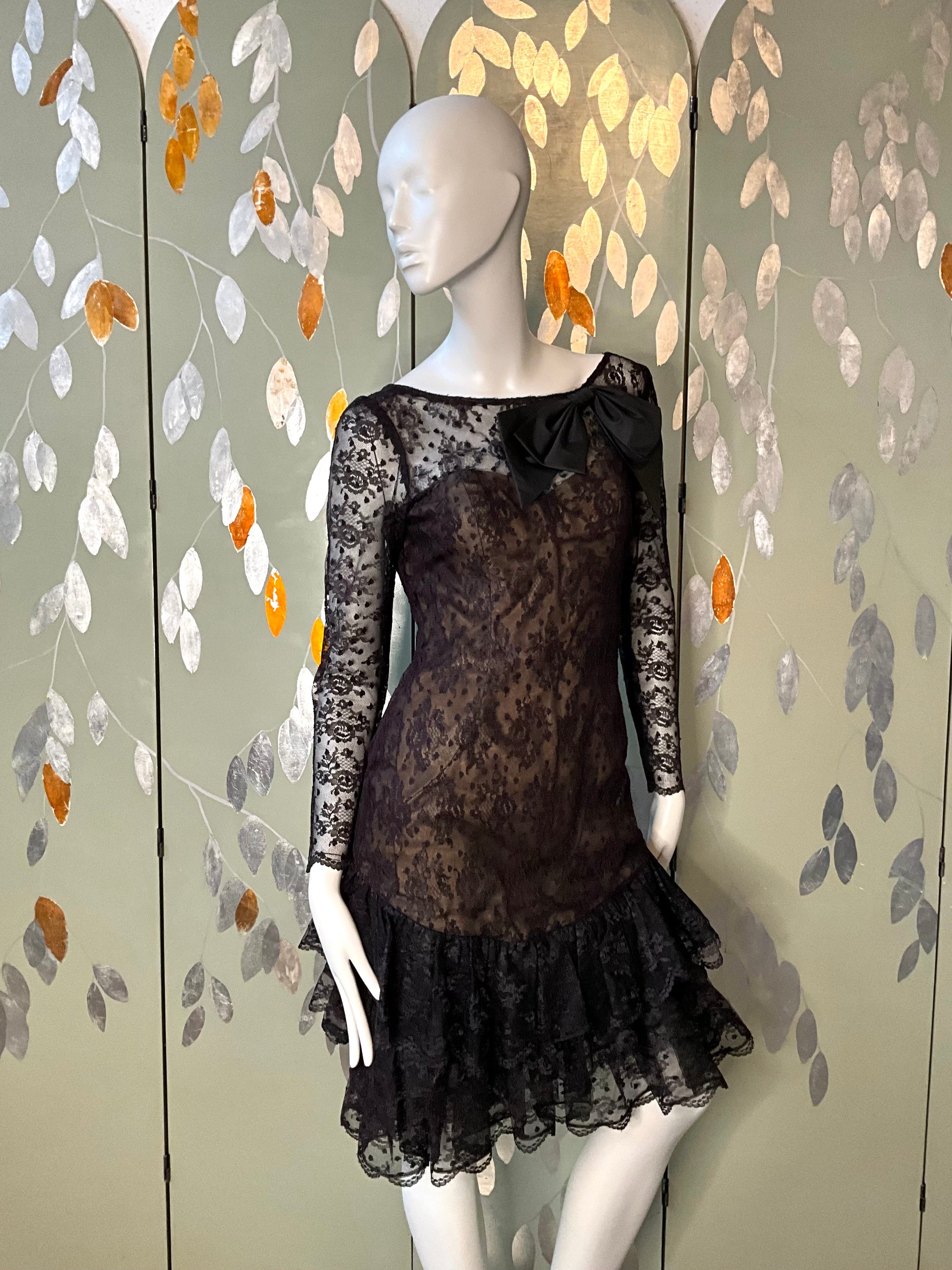 Vintage 1980s Victor Costa Black Lace Ruffle Dress, Small