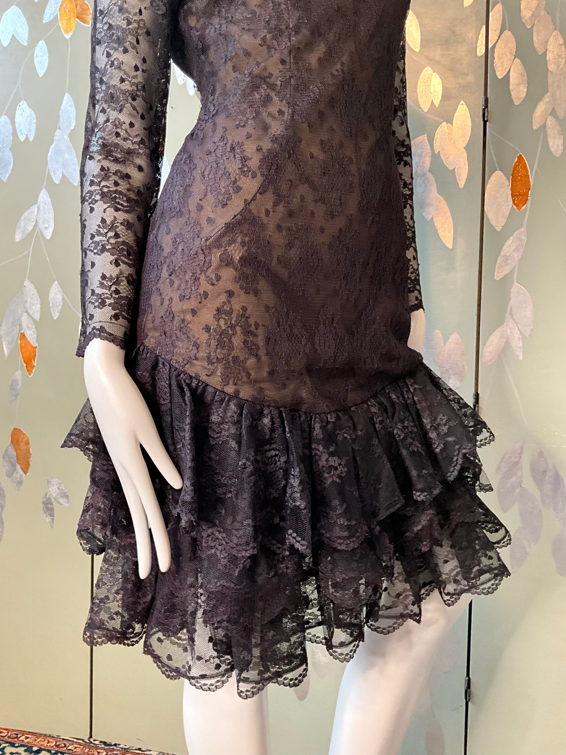 Vintage 1980s Victor Costa Black Lace Ruffle Dress, Small