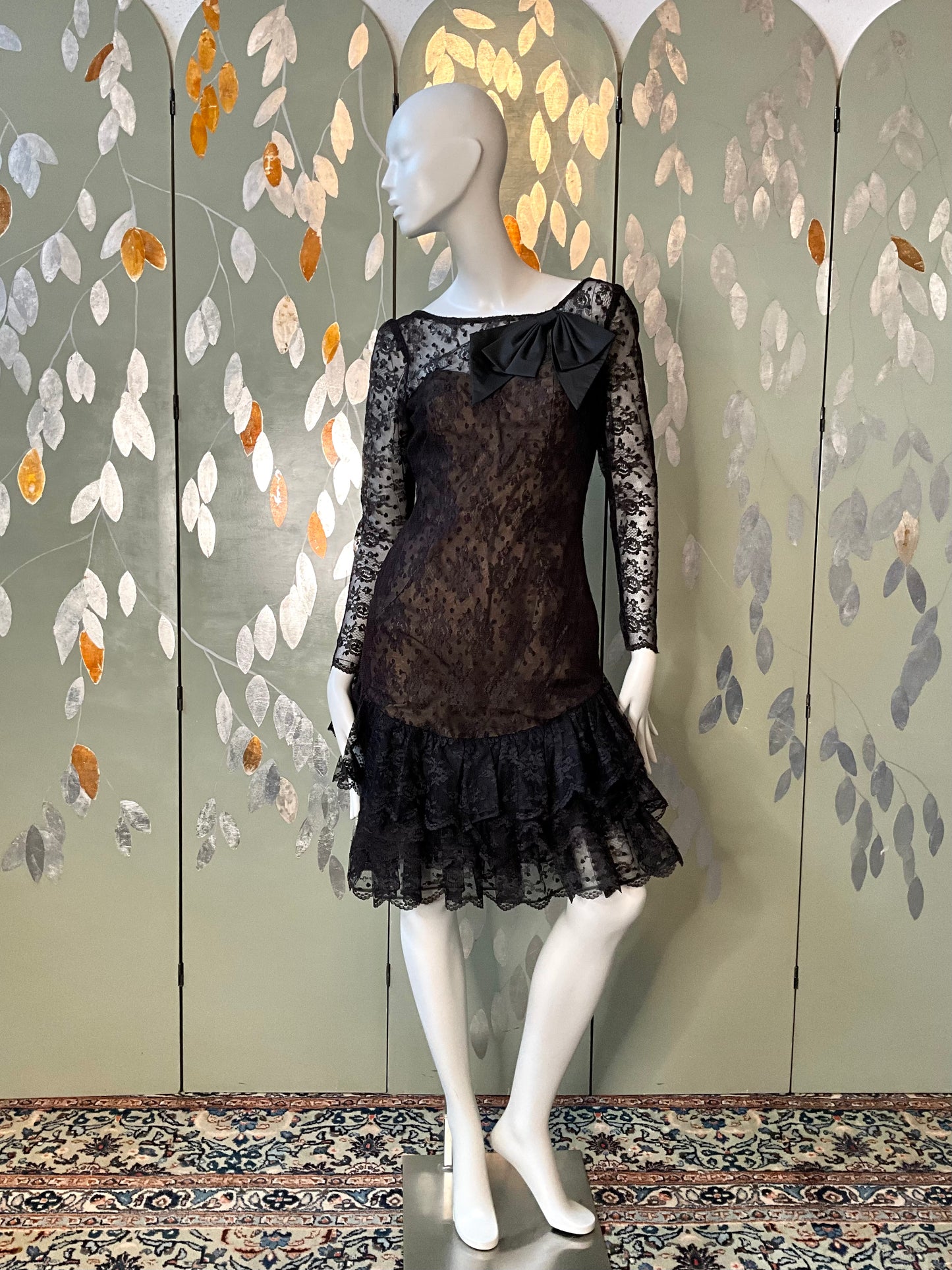 Vintage 1980s Victor Costa Black Lace Ruffle Dress, Small