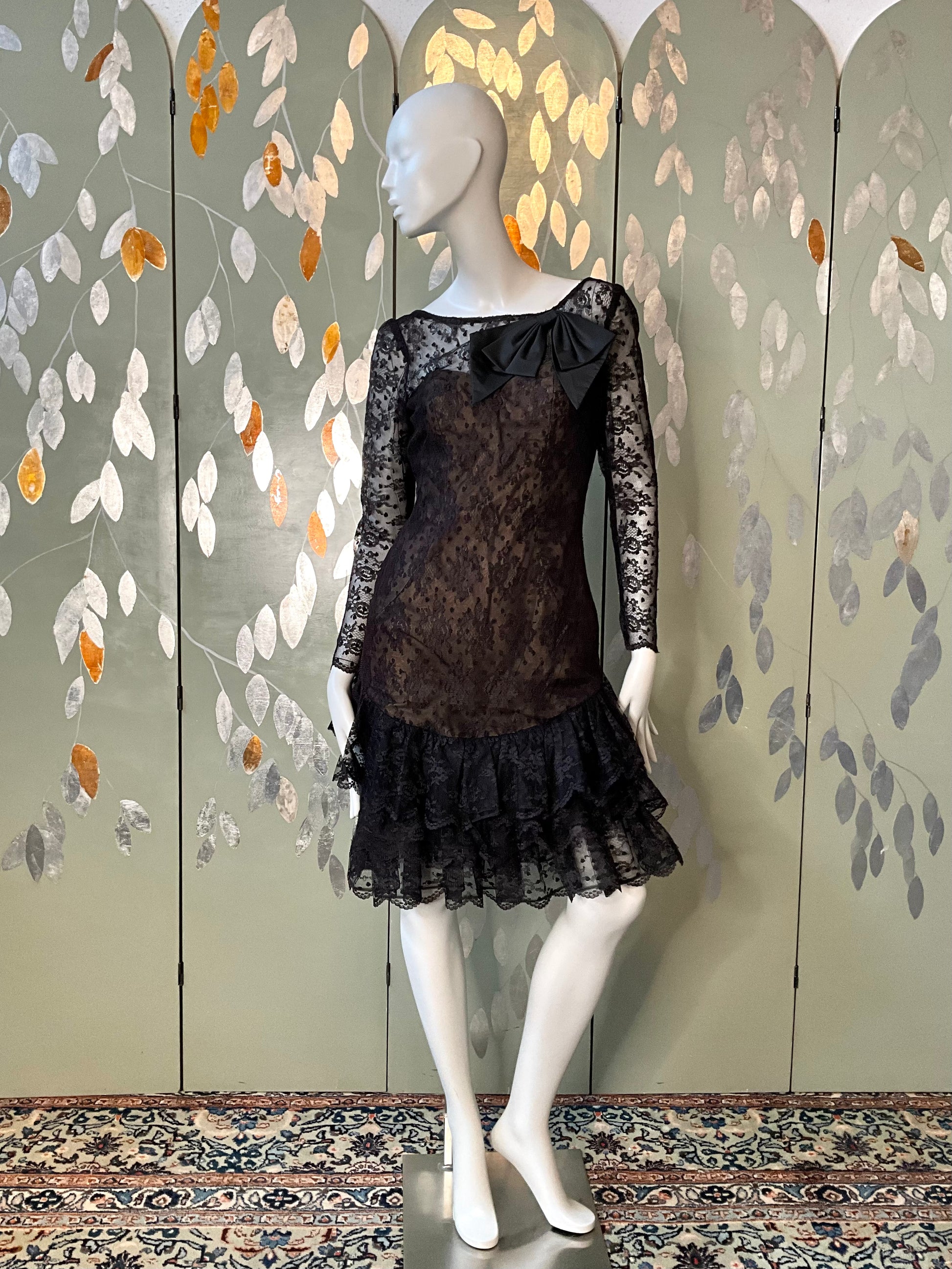 Vintage 1980s Victor Costa Black Lace Ruffle Dress, Small