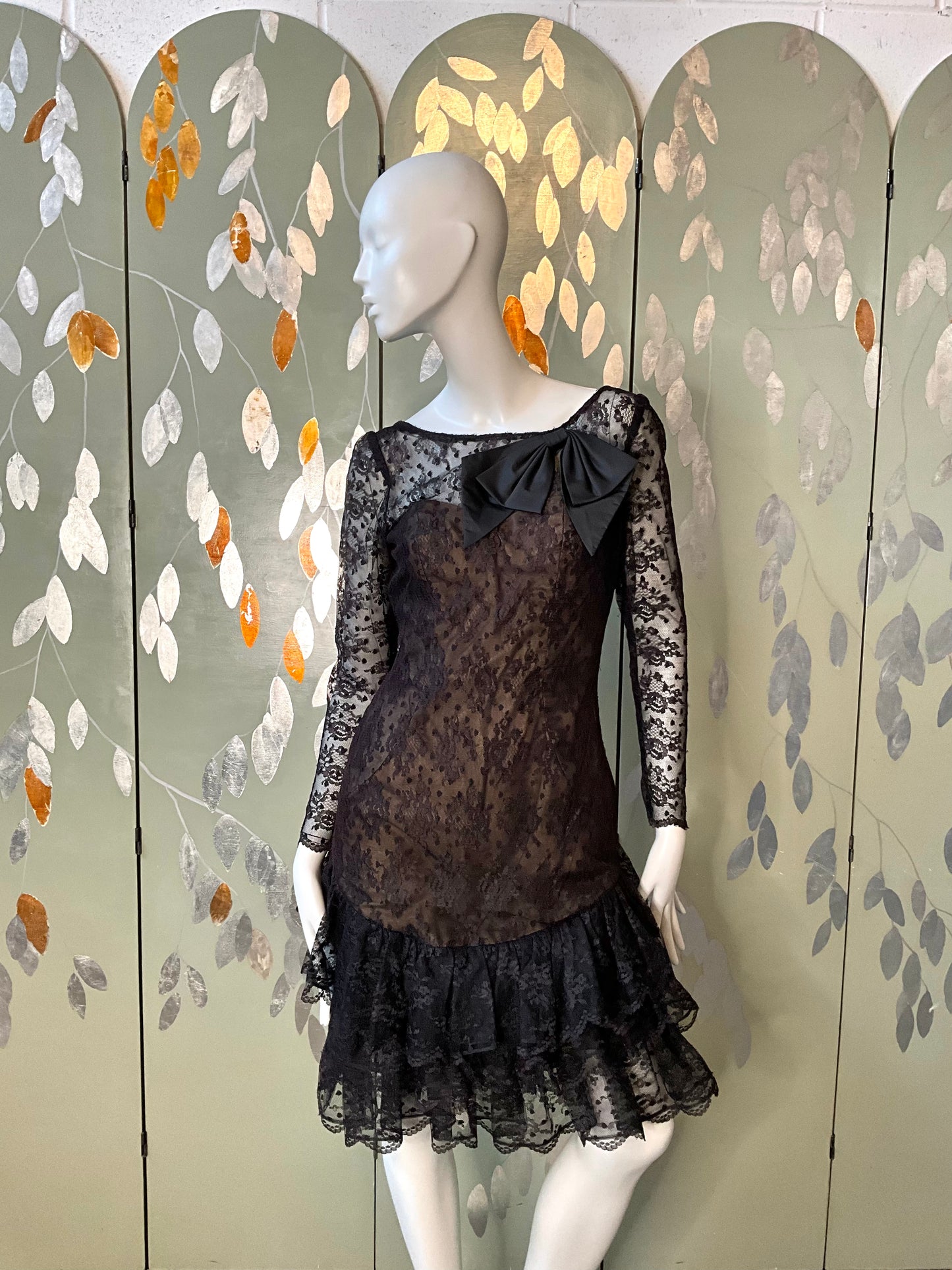 Vintage 1980s Victor Costa Black Lace Ruffle Dress, Small
