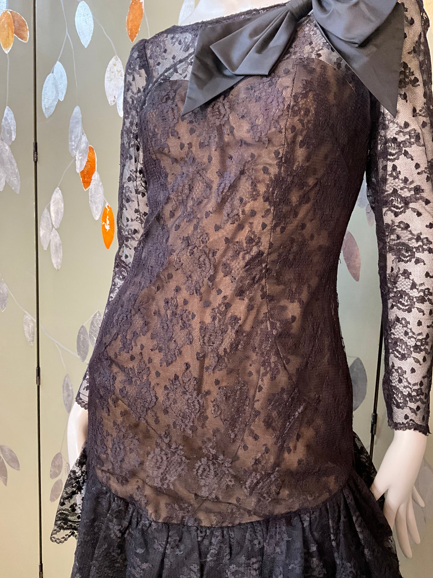 Vintage 1980s Victor Costa Black Lace Ruffle Dress, Small