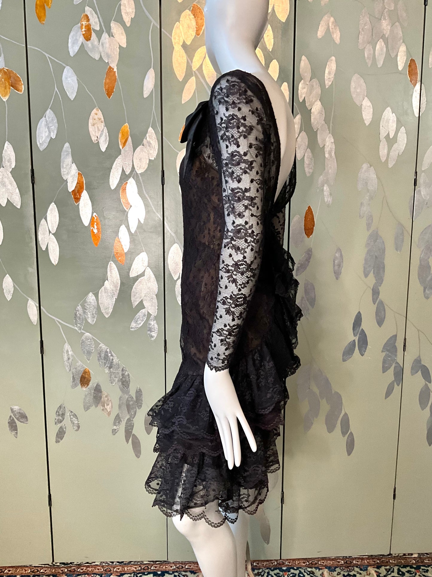 Vintage 1980s Victor Costa Black Lace Ruffle Dress, Small