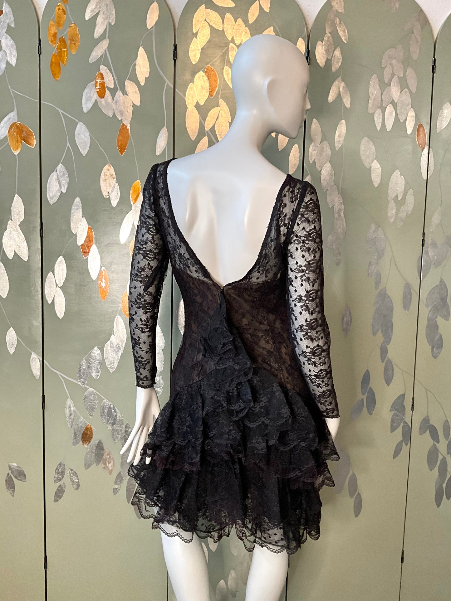 Vintage 1980s Victor Costa Black Lace Ruffle Dress, Small