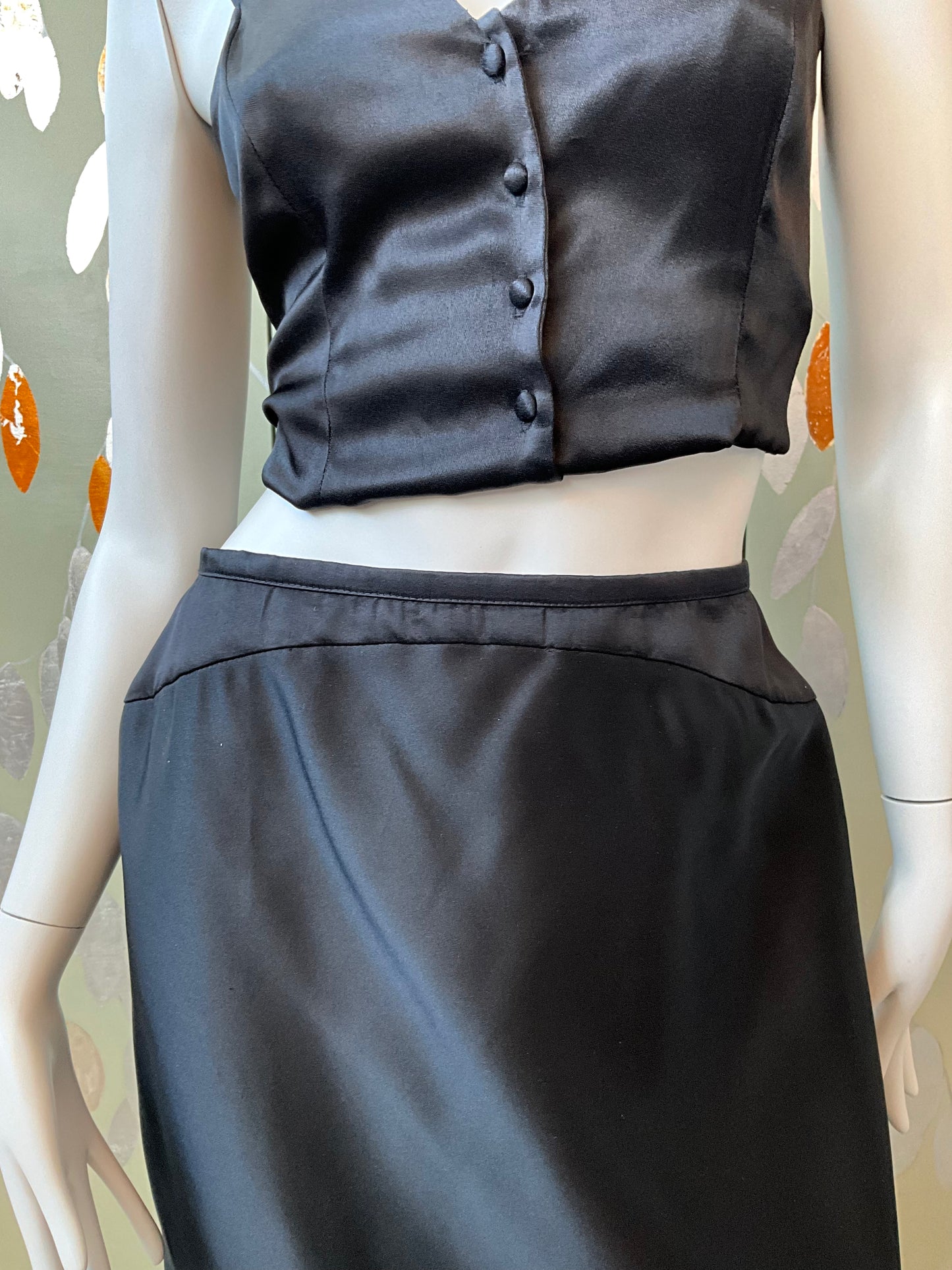 Vintage 1990s Black Satin Maxi Evening Skirt, Small 