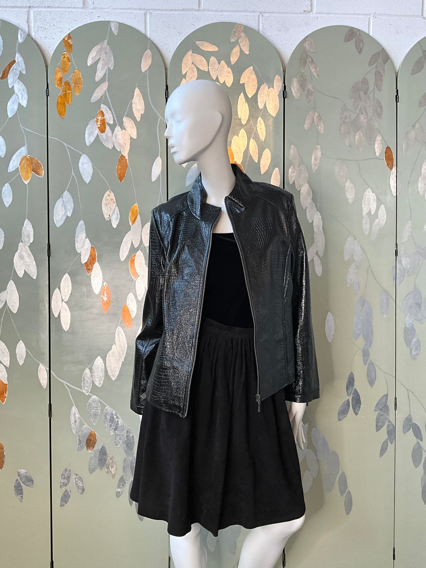 Vintage 1990s Black Patent Reptile Leather Zip Jacket, Large