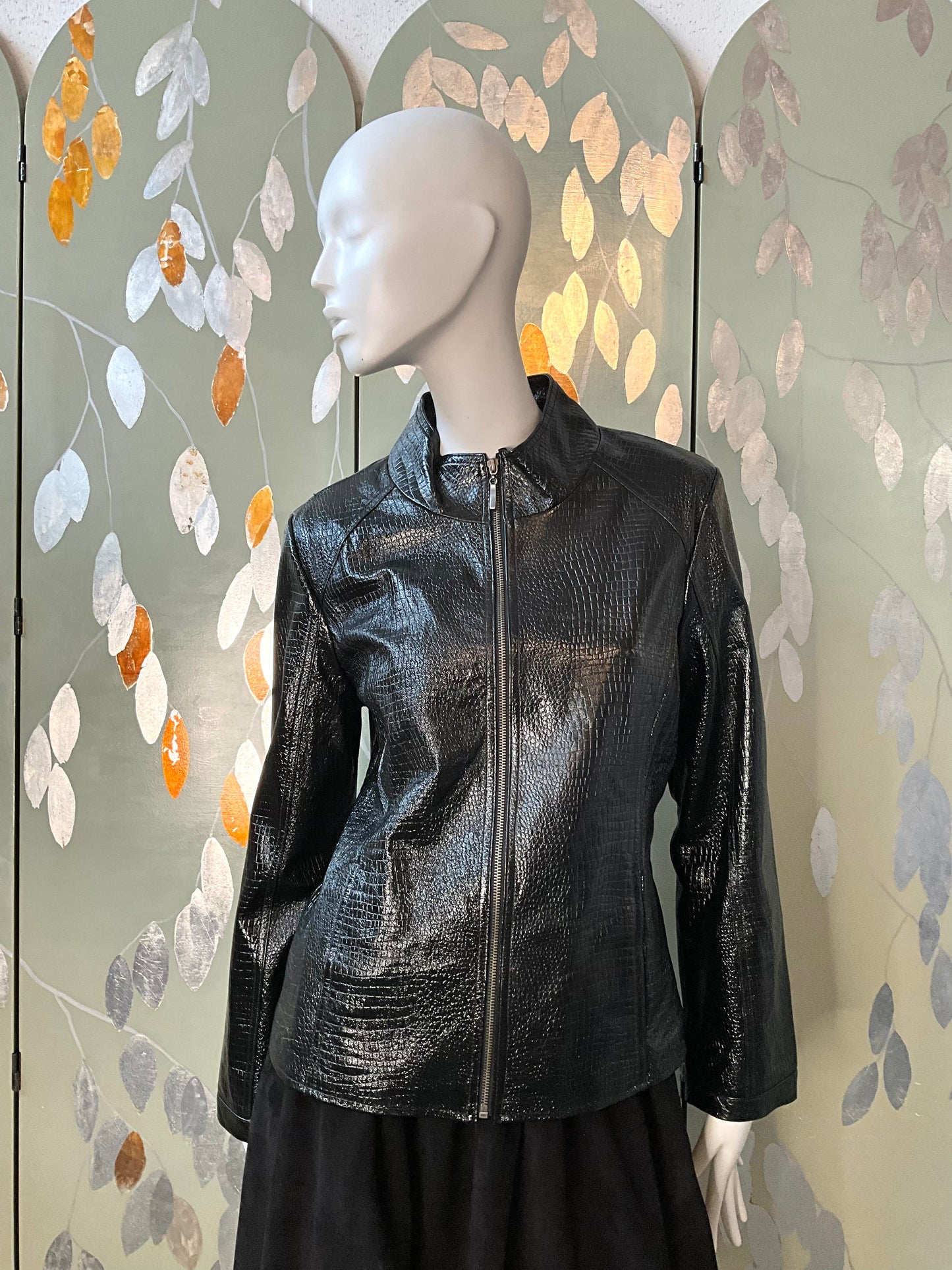 Vintage 1990s Black Patent Reptile Leather Zip Jacket, Large