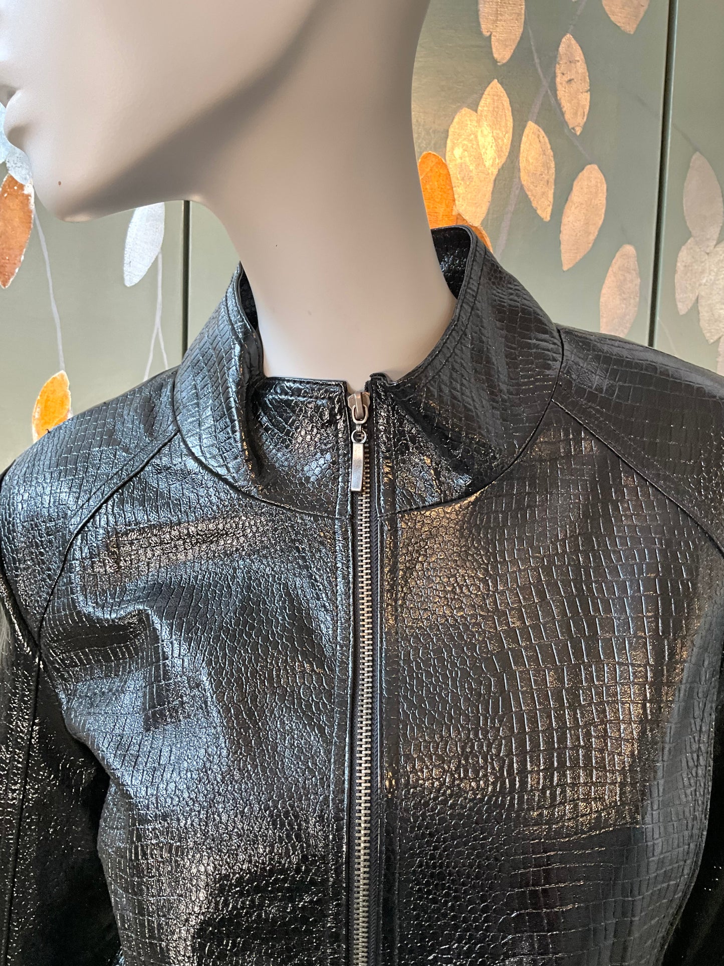 Vintage 1990s Black Patent Reptile Leather Zip Jacket, Large