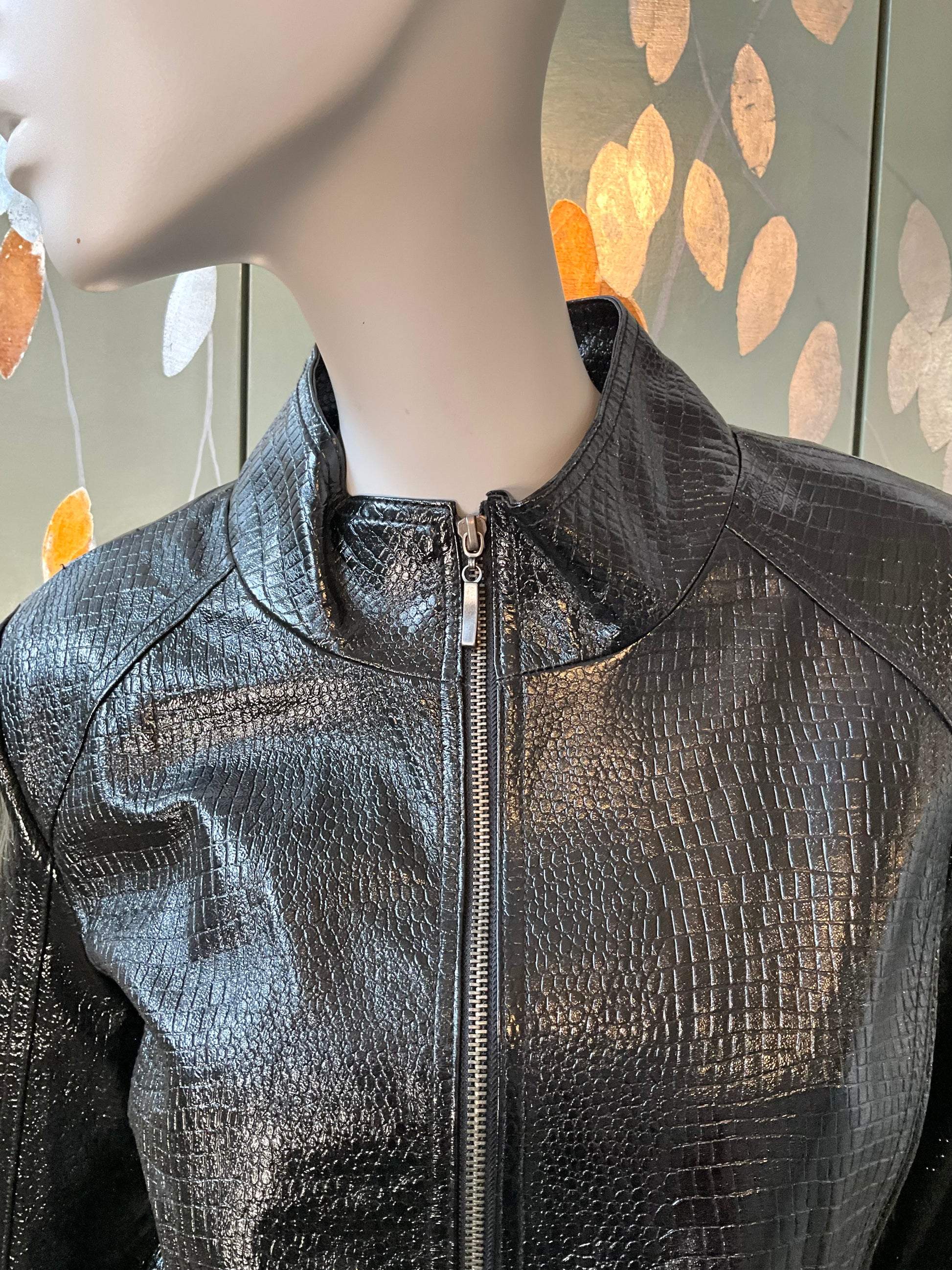 Vintage 1990s Black Patent Reptile Leather Zip Jacket, Large