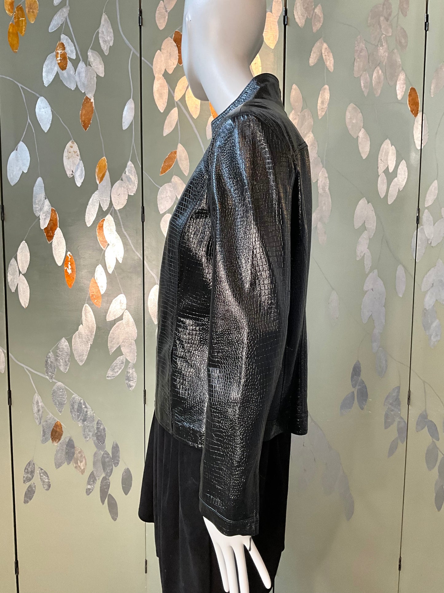 Vintage 1990s Black Patent Reptile Leather Zip Jacket, Large