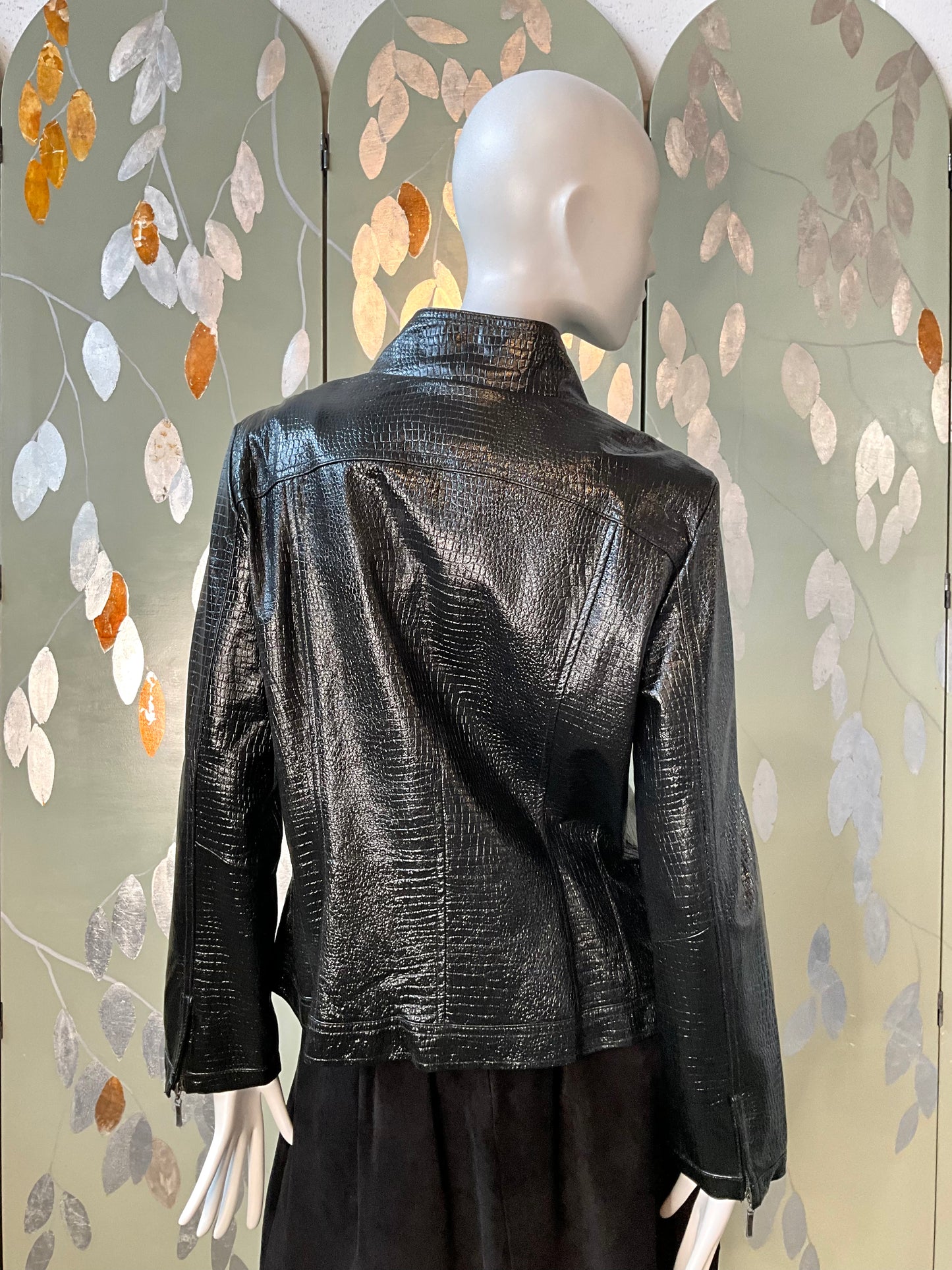 Vintage 1990s Black Patent Reptile Leather Zip Jacket, Large