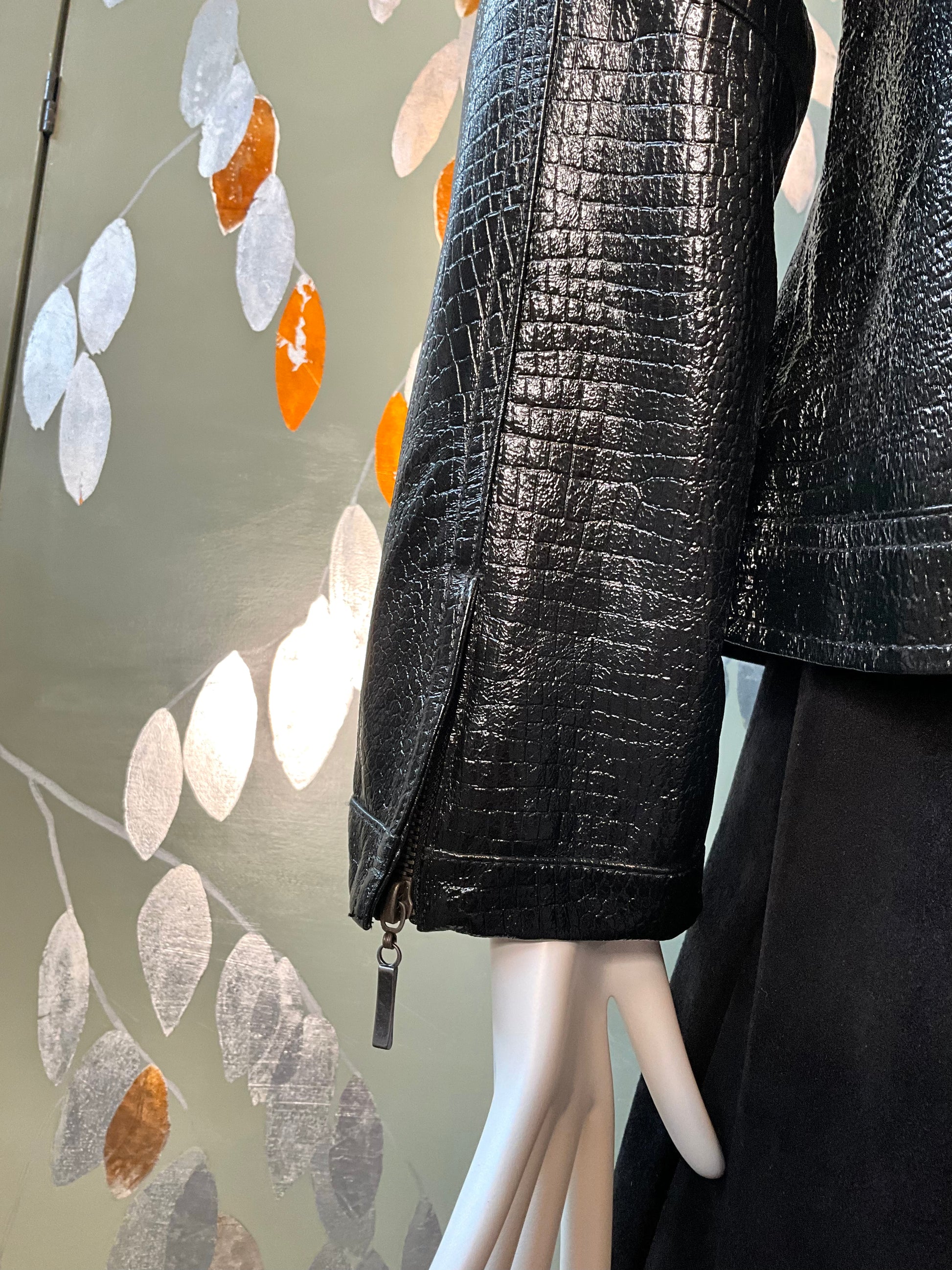 Vintage 1990s Black Patent Reptile Leather Zip Jacket, Large