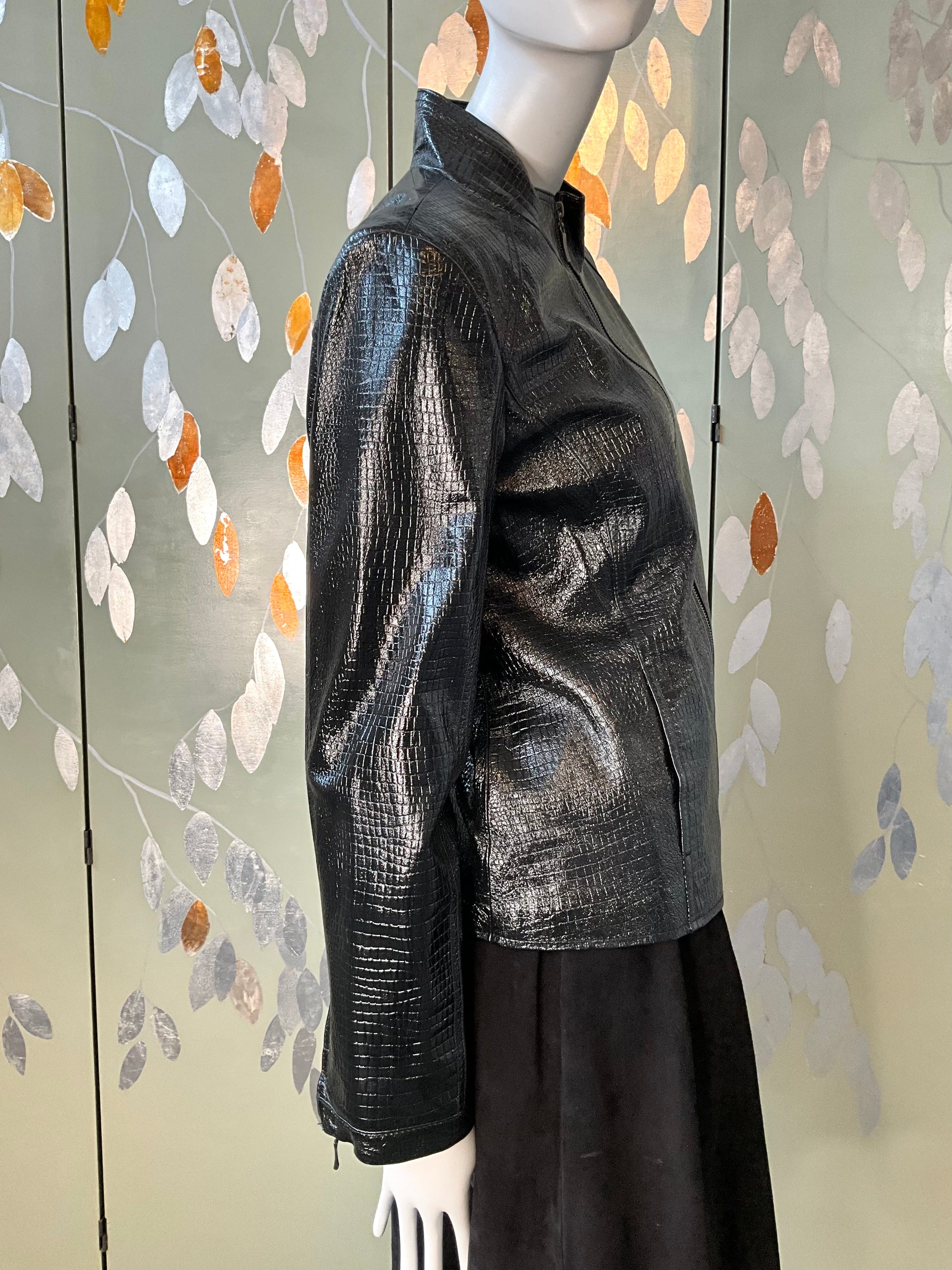 Vintage 1990s Black Patent Reptile Leather Zip Jacket, Large