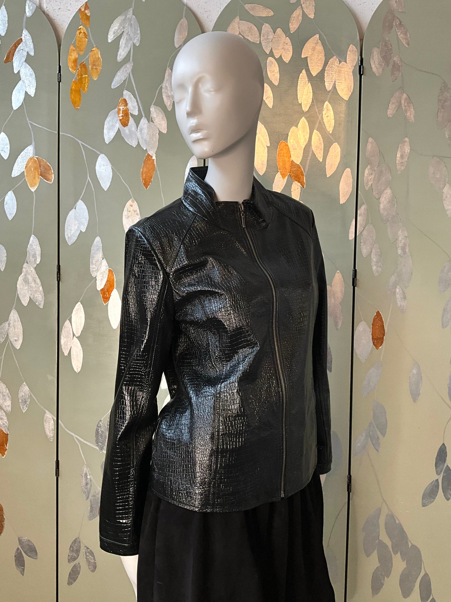 Vintage 1990s Black Patent Reptile Leather Zip Jacket, Large