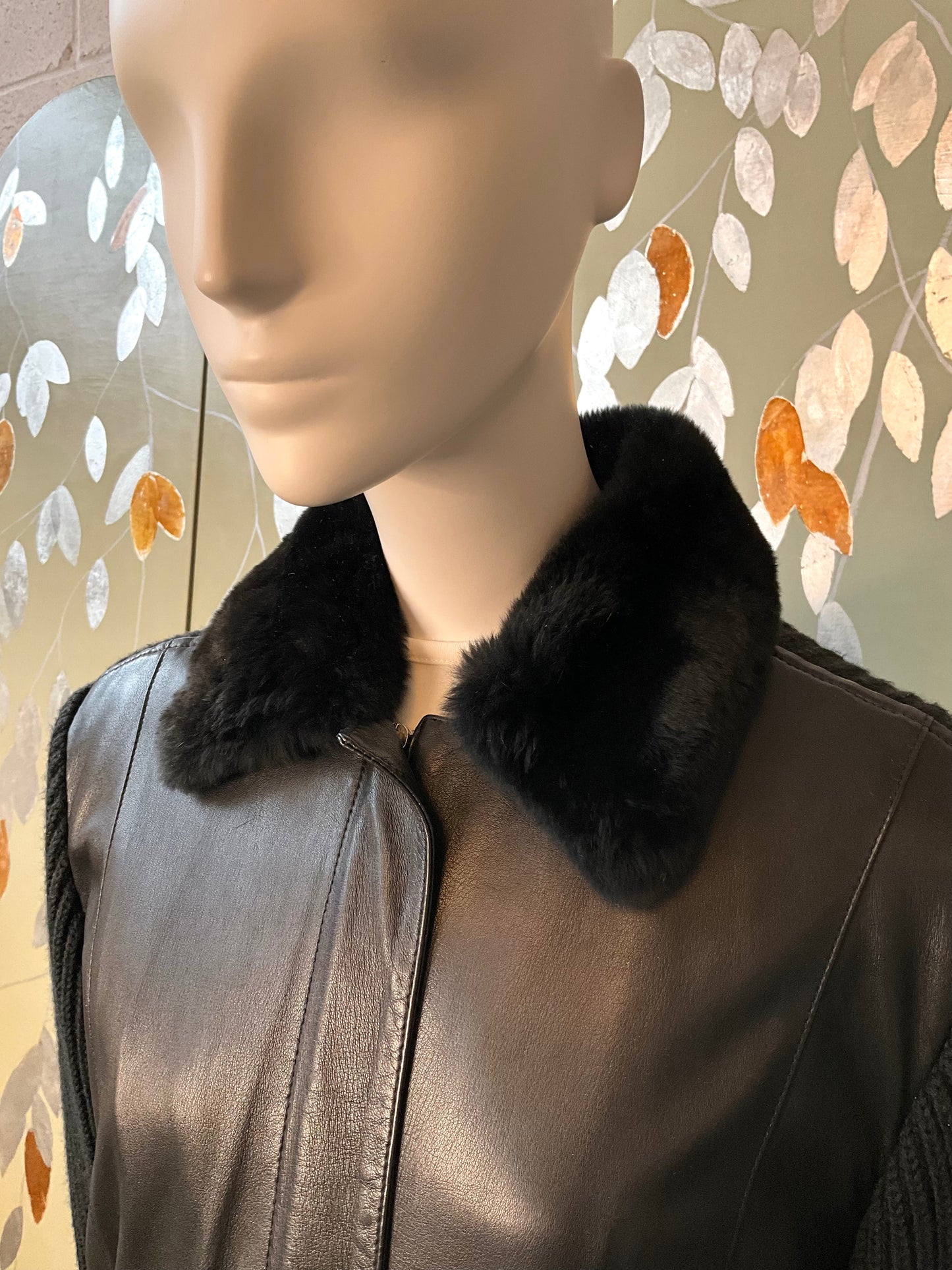Vintage 2000s Black Leather and Knit Zip-Up Jacket with Fur Collar, Large 