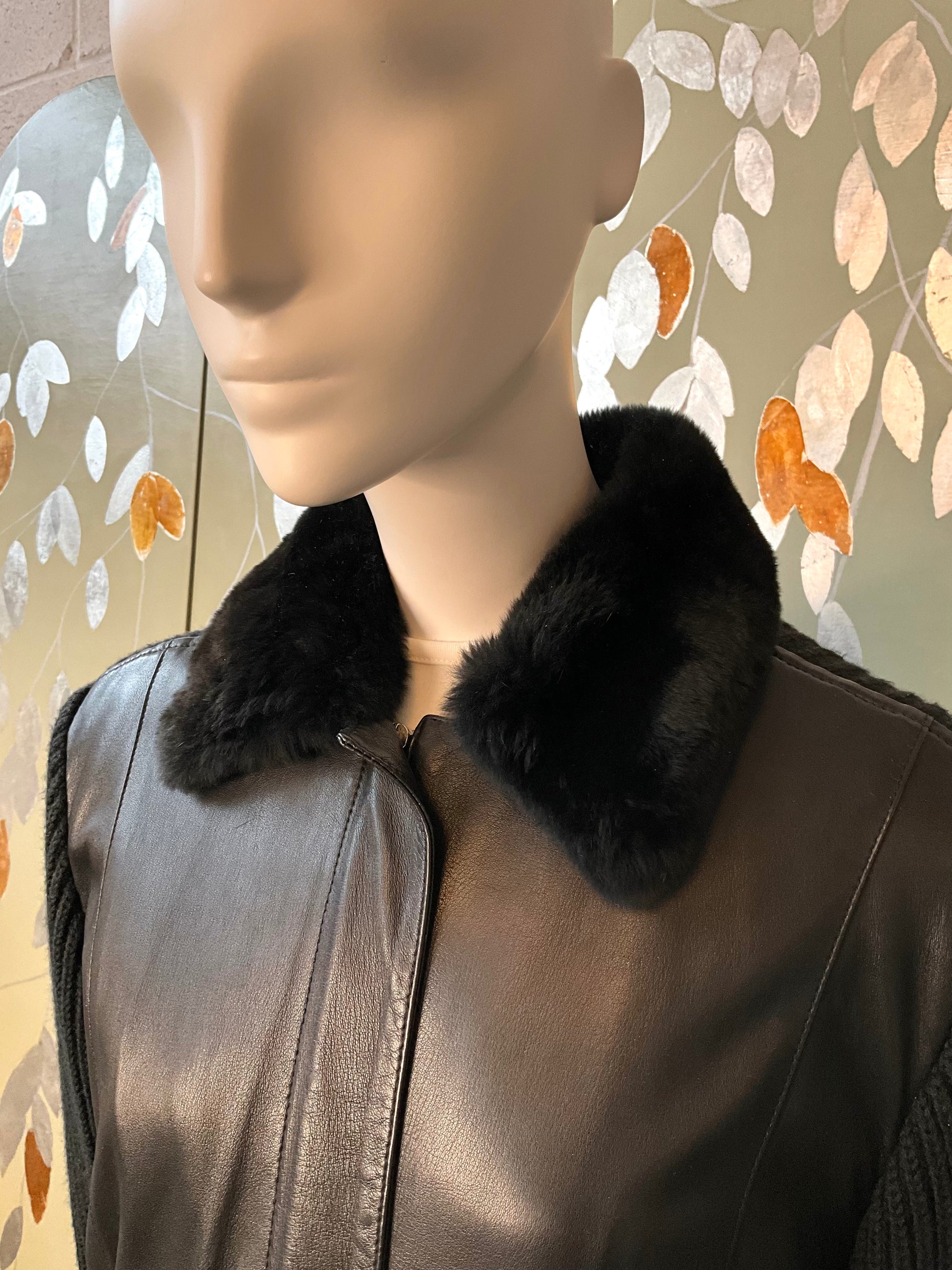 Vintage 2000s Black Leather and Knit Zip-Up Jacket with Fur Collar, Large 