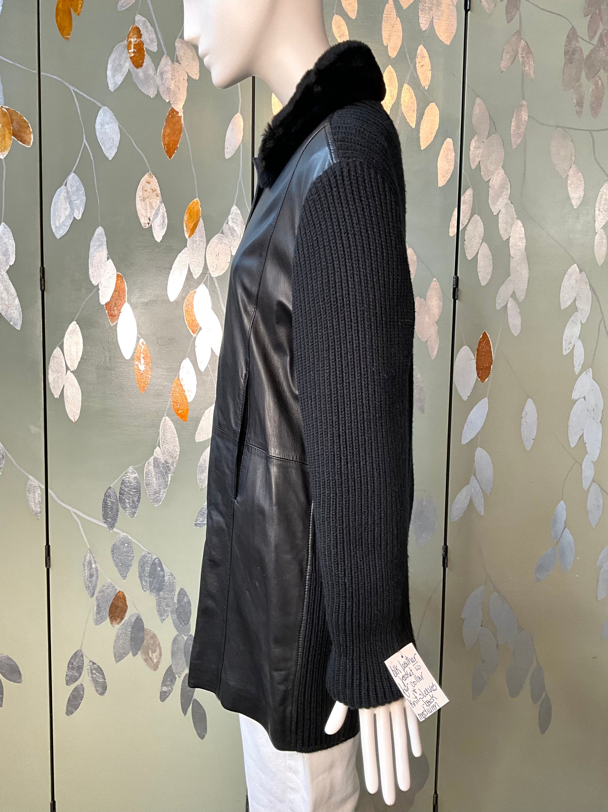 Vintage 2000s Black Leather and Knit Zip-Up Jacket with Fur Collar, Large 