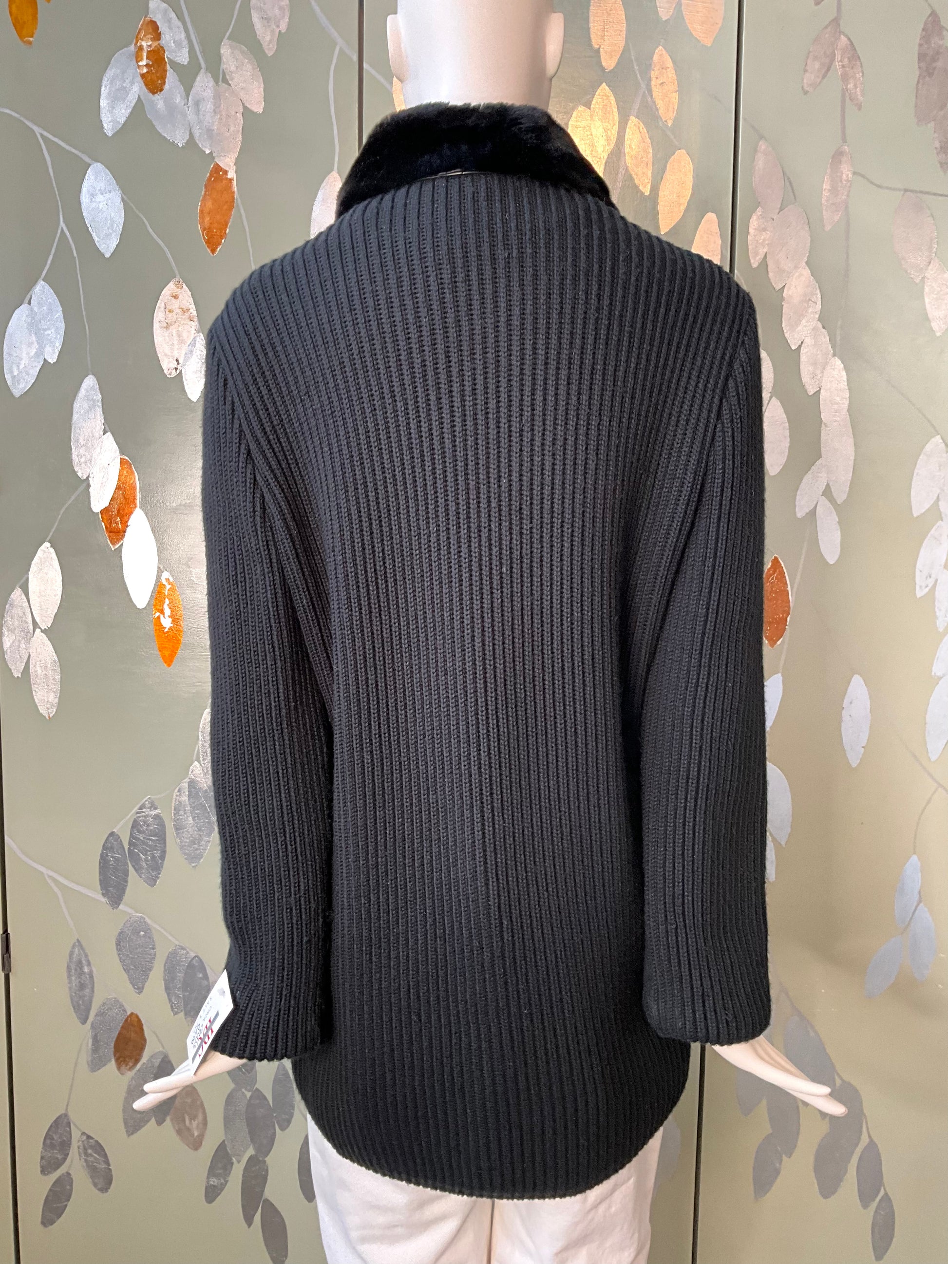 Vintage 2000s Black Leather and Knit Zip-Up Jacket with Fur Collar, Large 