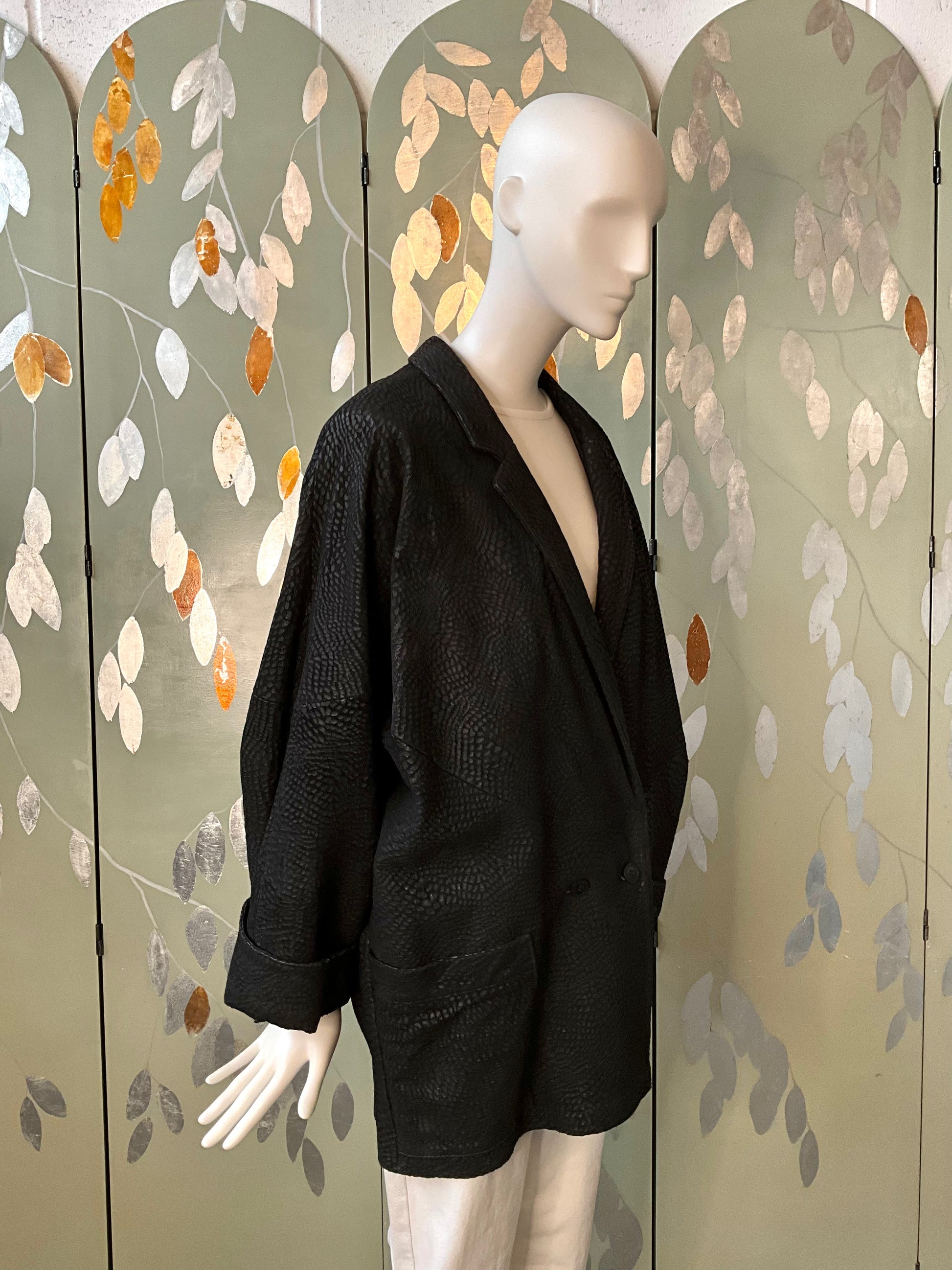 Vintage 1980s Black Leather Batwing Double Breast Oversize Jacket, XL