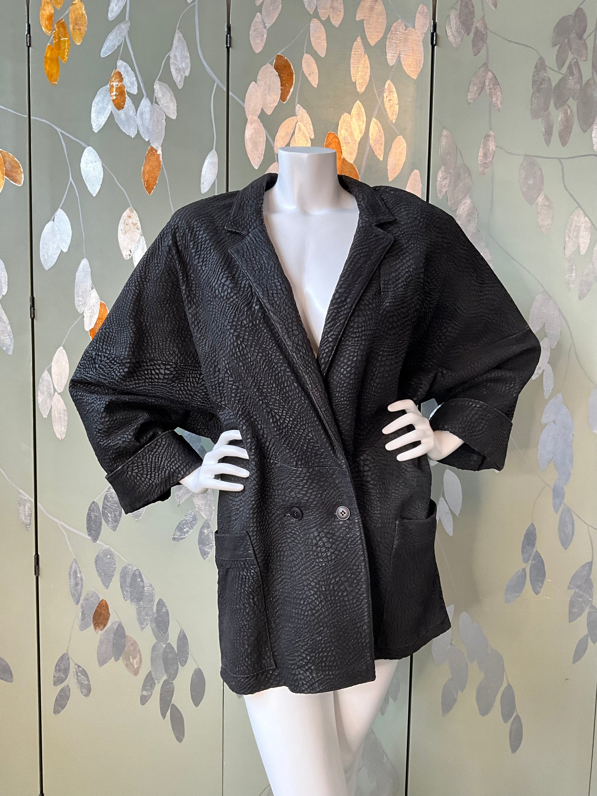 Vintage 1980s Black Leather Batwing Double Breast Oversize Jacket, XL