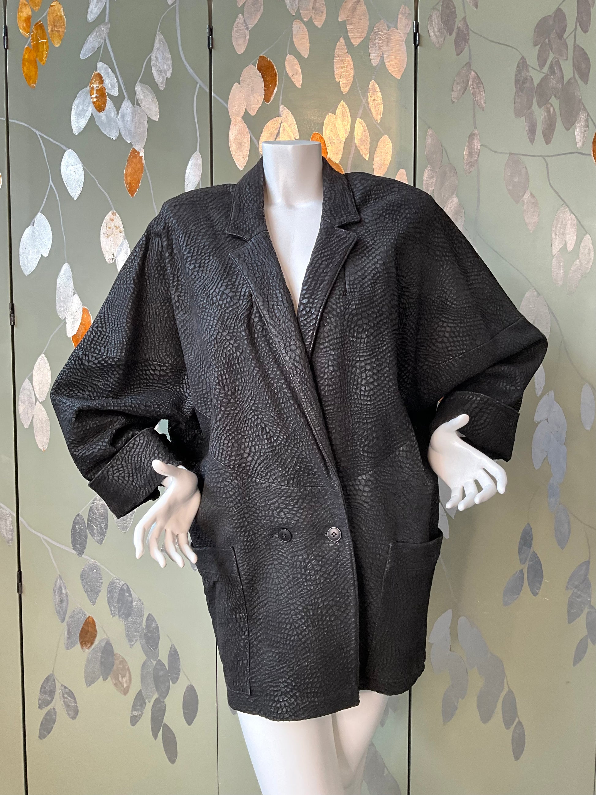 Vintage 1980s Black Leather Batwing Double Breast Oversize Jacket, XL